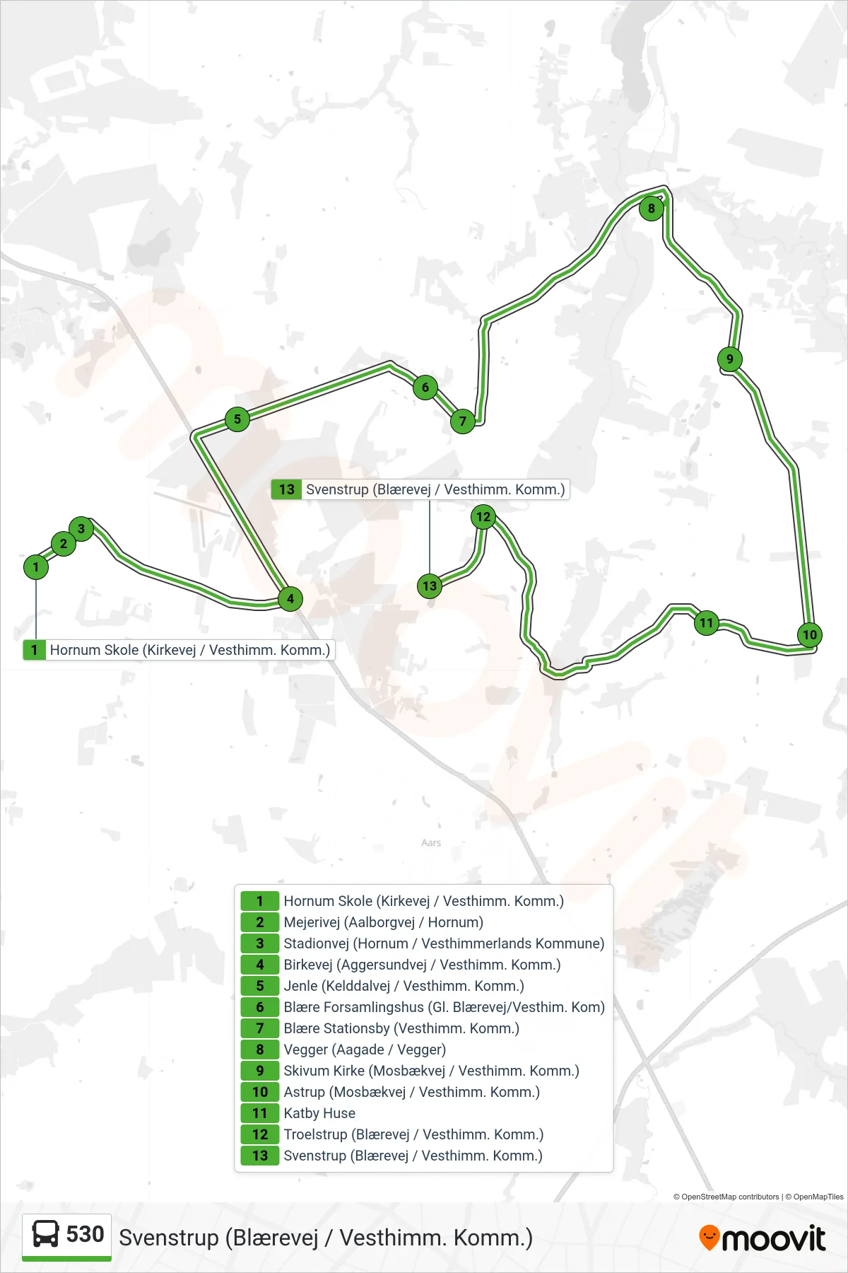 530 bus Linje (Svenstrup (Blærevej / Vesthimm. Komm.)) rute og stop på et kort