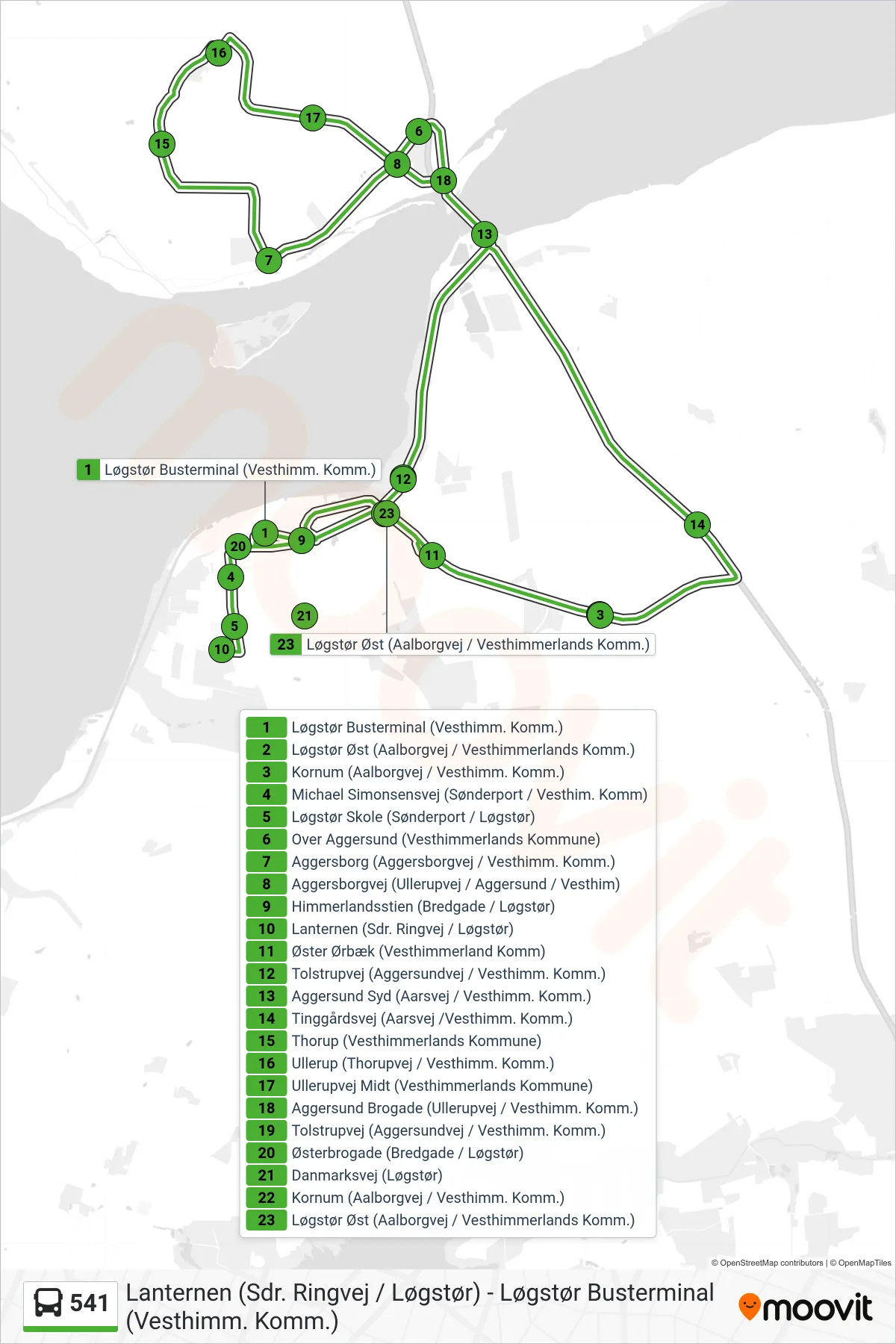 541 bus Linje (Aggersborg - Løgstør) rute og stop på et kort