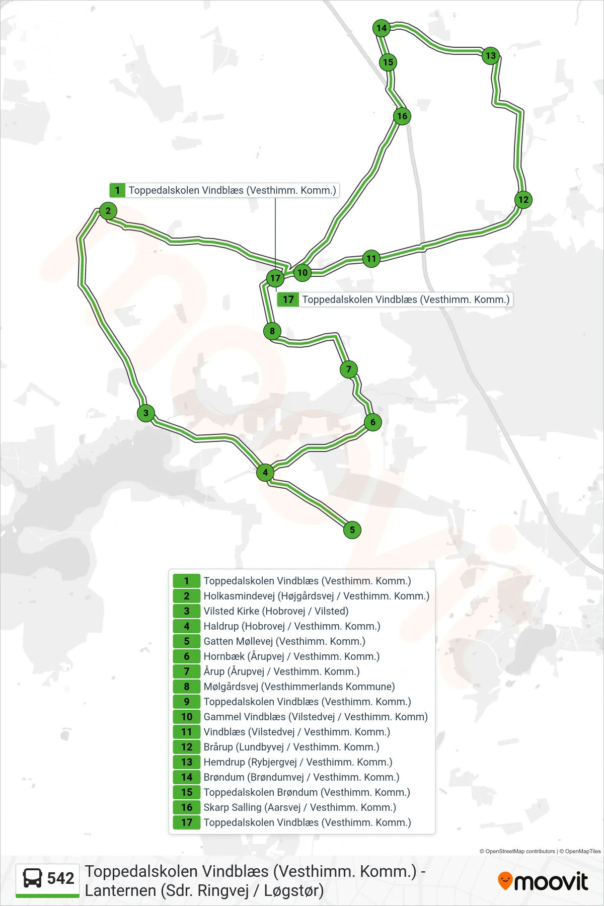 542 bus Linje (Brøndum-Vindblæs) rute og stop på et kort