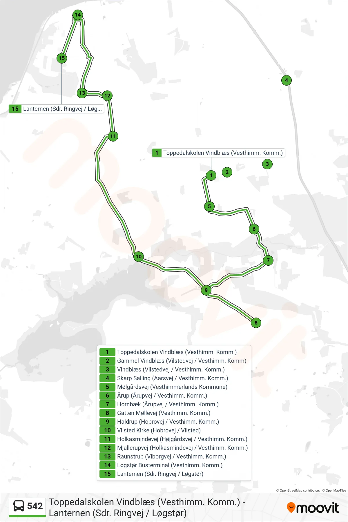 542 bus Linje (Toppedalskolen Brøndum - Lanternen) rute og stop på et kort