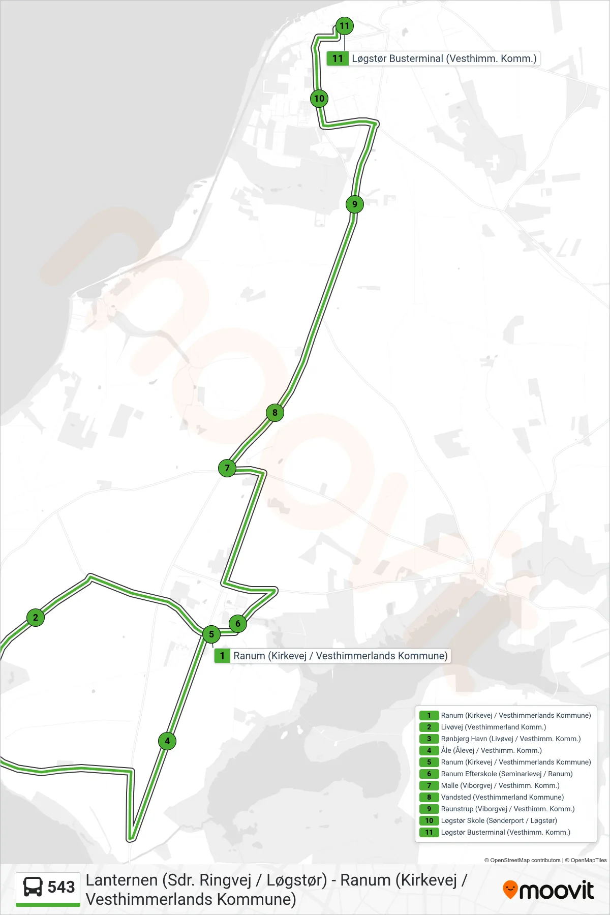 543 bus Linje (Løgstør Busterminal (Vesthimm. Komm.)) rute og stop på et kort
