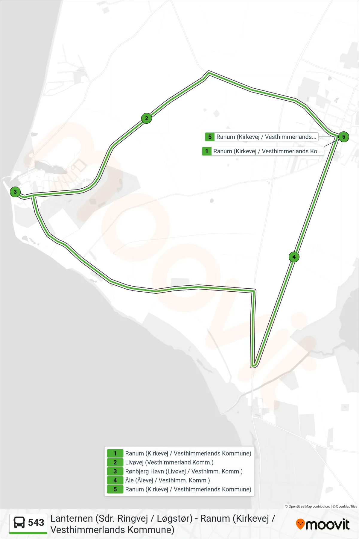 543 bus Linje (Ranum (Kirkevej / Vesthimmerlands Kommune)) rute og stop på et kort