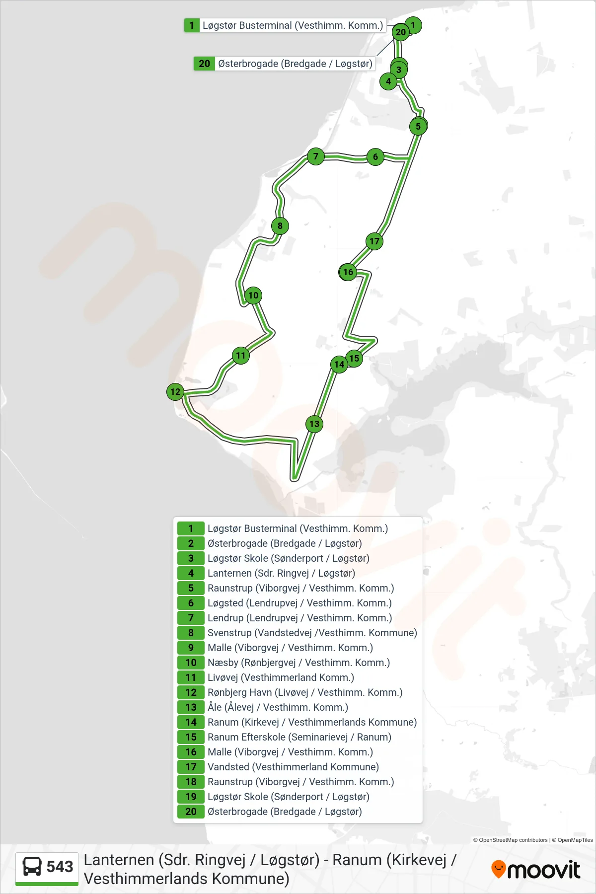 543 bus Linje (Rønbjerg - Ranum) rute og stop på et kort