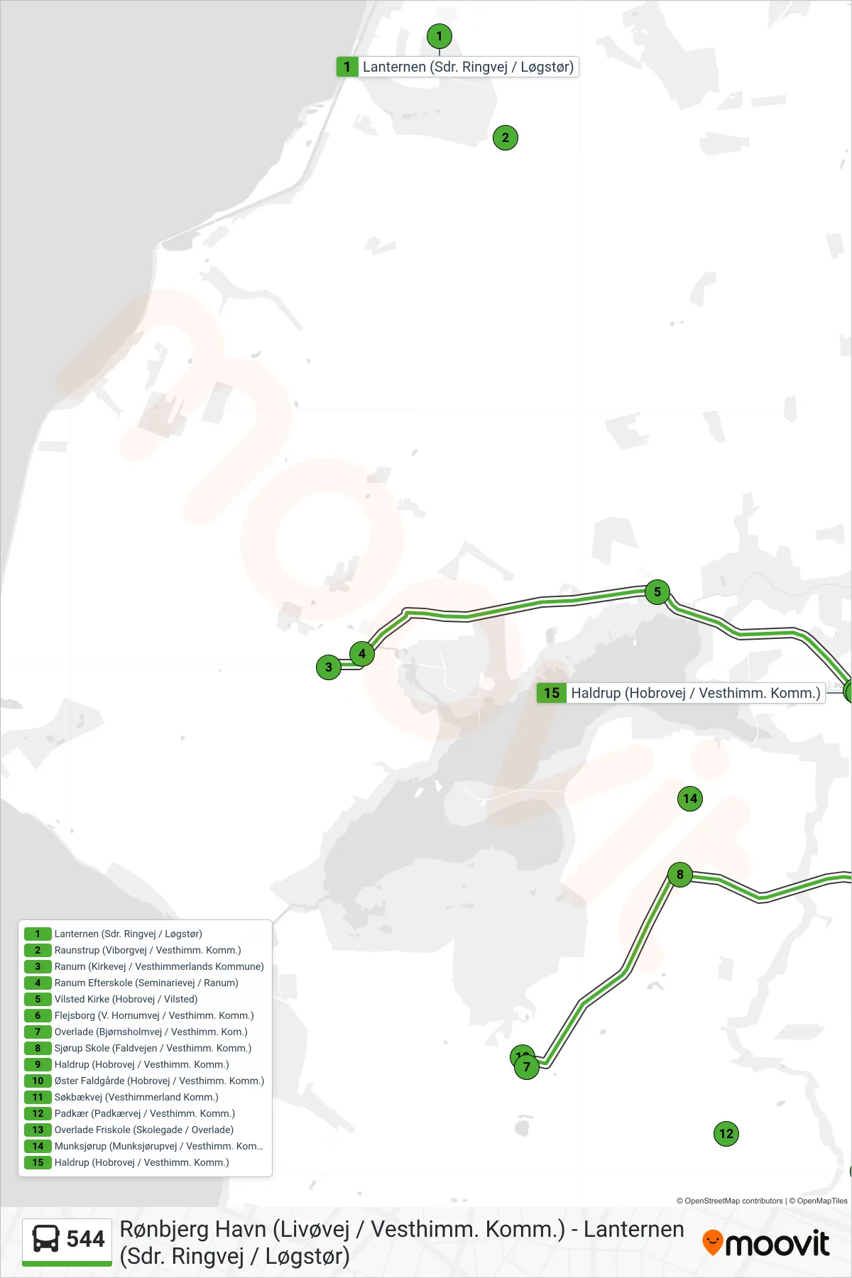 544 bus Linje (Ranum (Kirkevej / Vesthimmerlands Kommune)) rute og stop på et kort