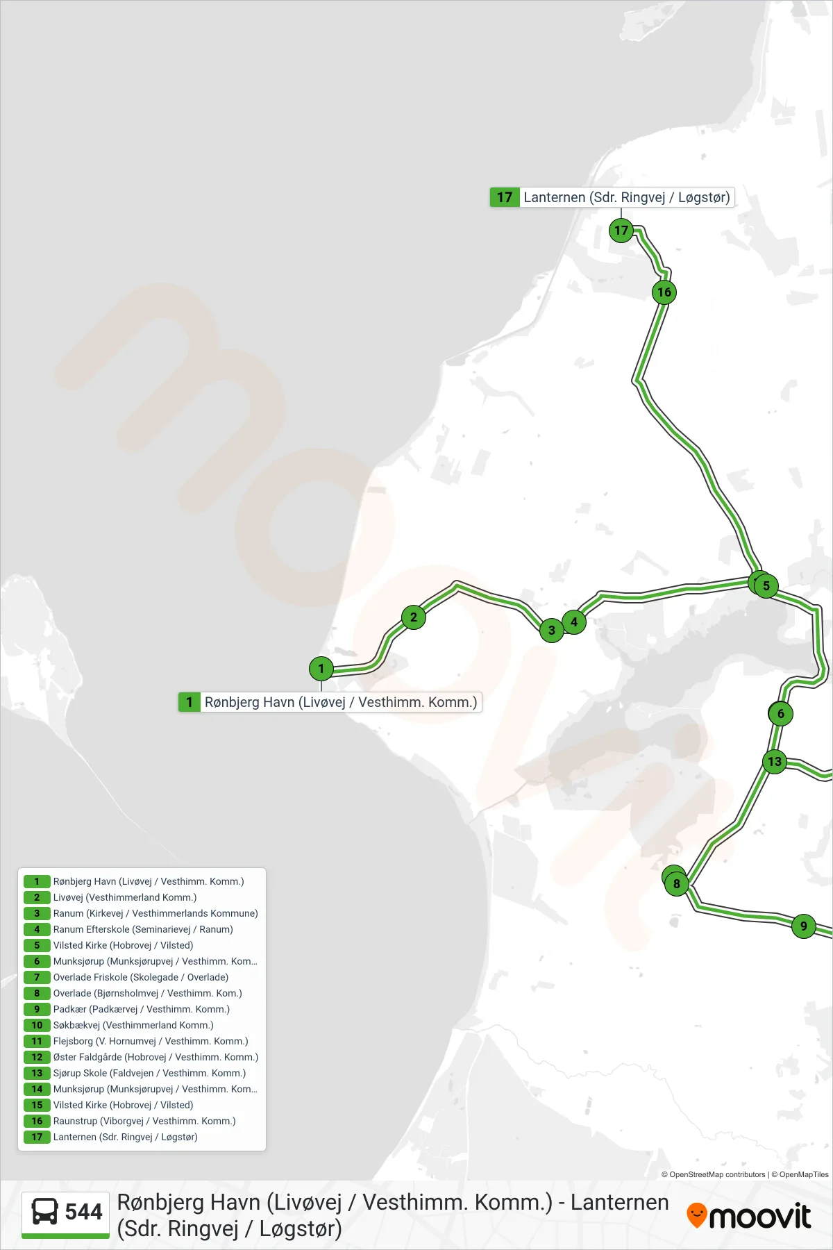 544 bus Linje (Lanternen (Sdr. Ringvej / Løgstør)) rute og stop på et kort