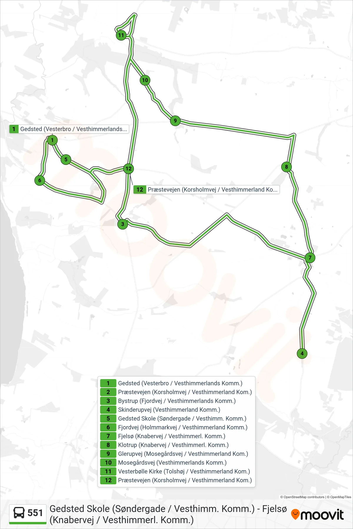 551 bus Linje (Fjelsø - Gedsted) rute og stop på et kort