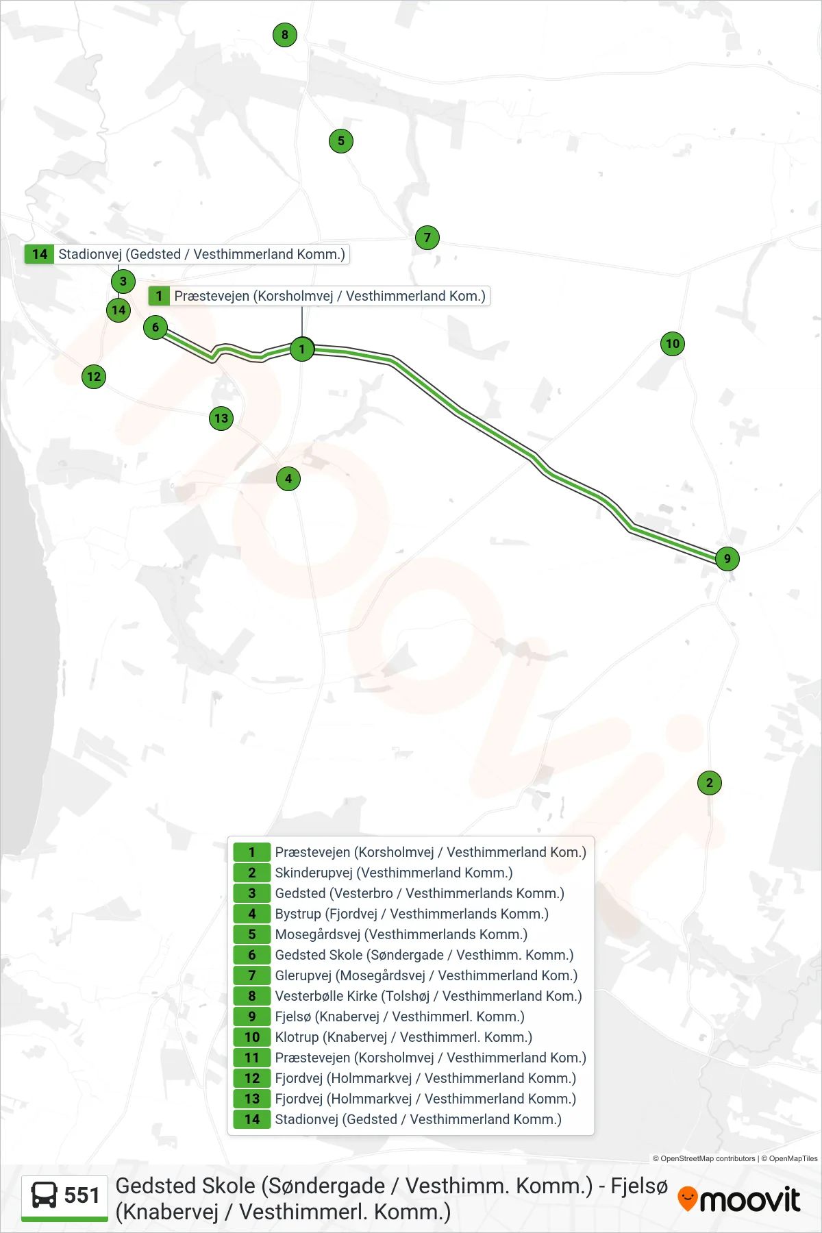 551 bus Linje (Vesterbølle - Gedsted) rute og stop på et kort