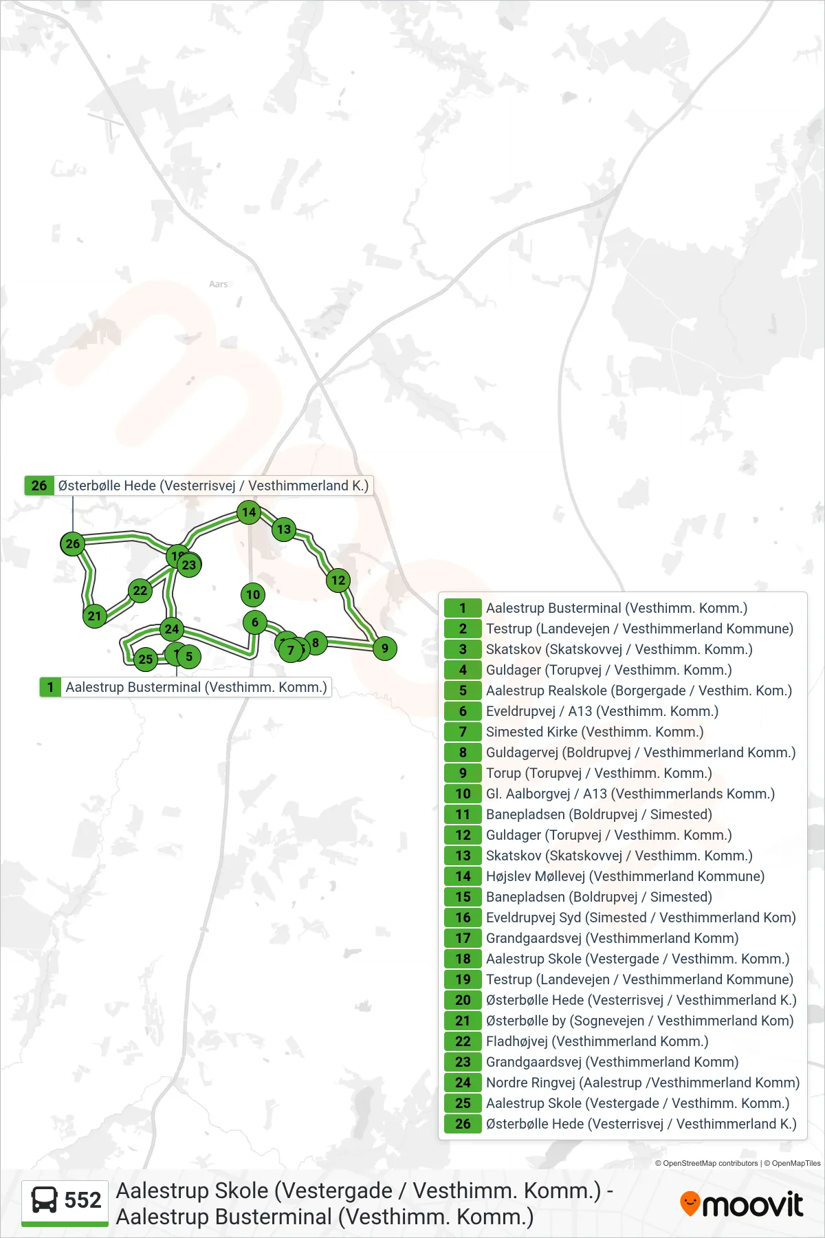 552 bus Linje (Guldager - Aalestrup) rute og stop på et kort
