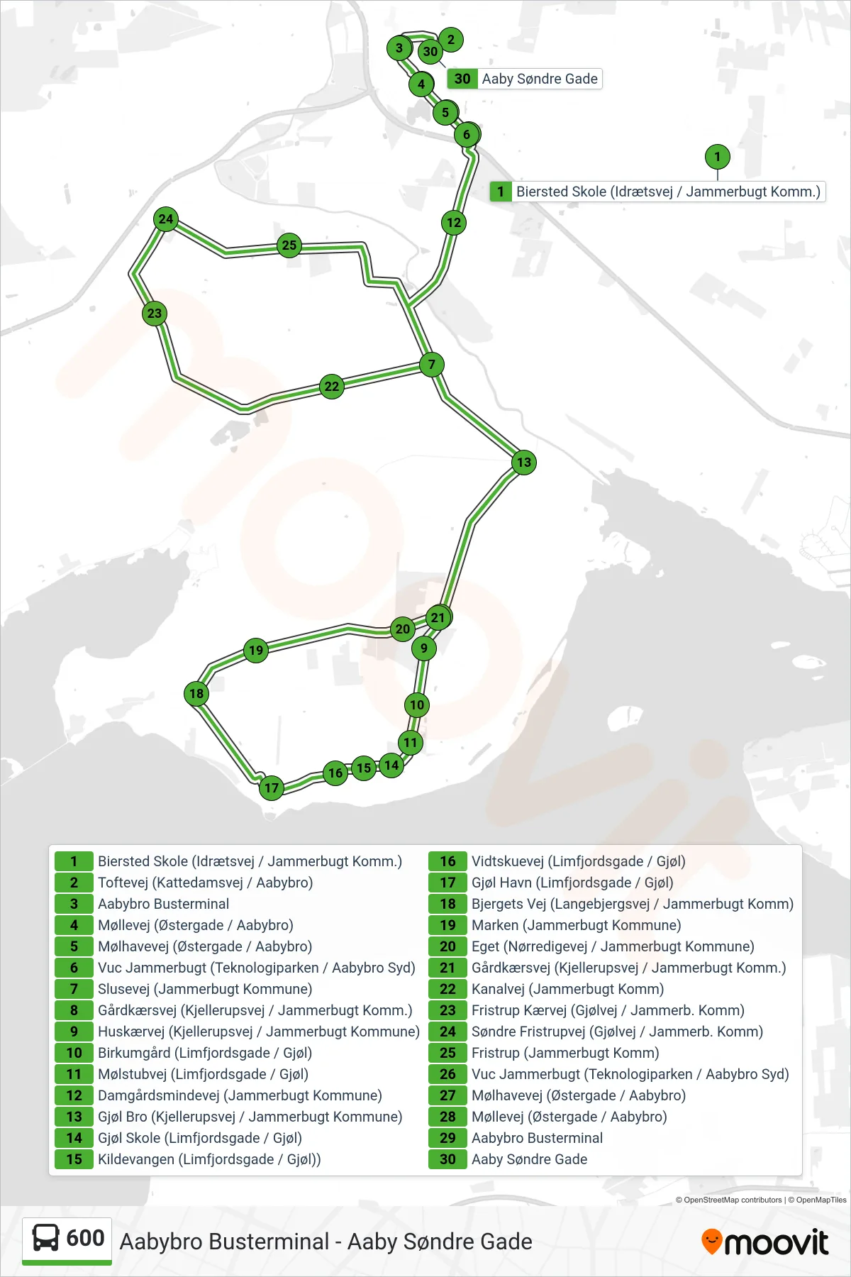 600 bus Linje (Gjøl - Aabybro) rute og stop på et kort