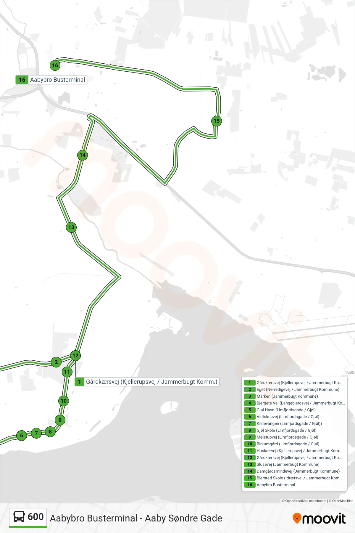 600 bus Linje (Gjøl - Biersted - Aabybro) rute og stop på et kort