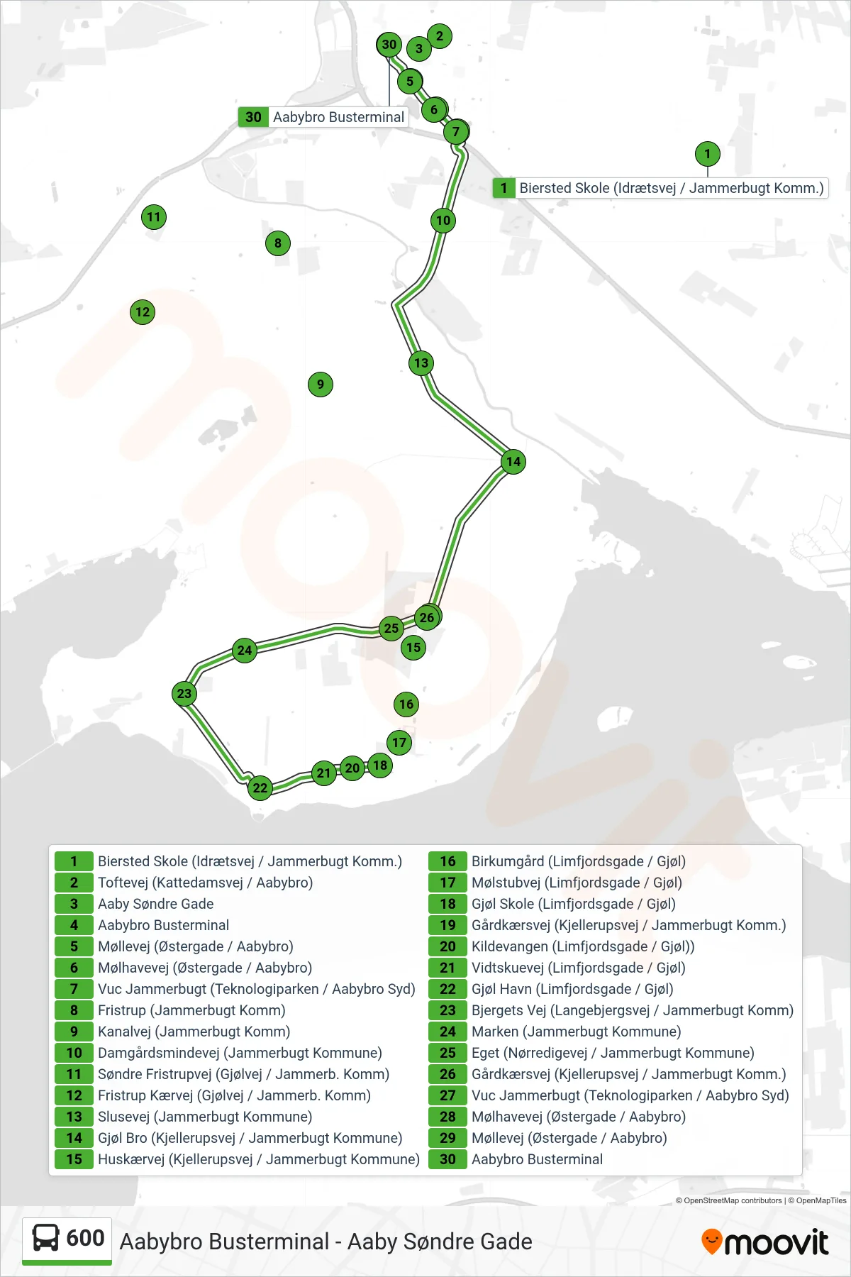600 bus Linje (Aabybro Busterminal) rute og stop på et kort