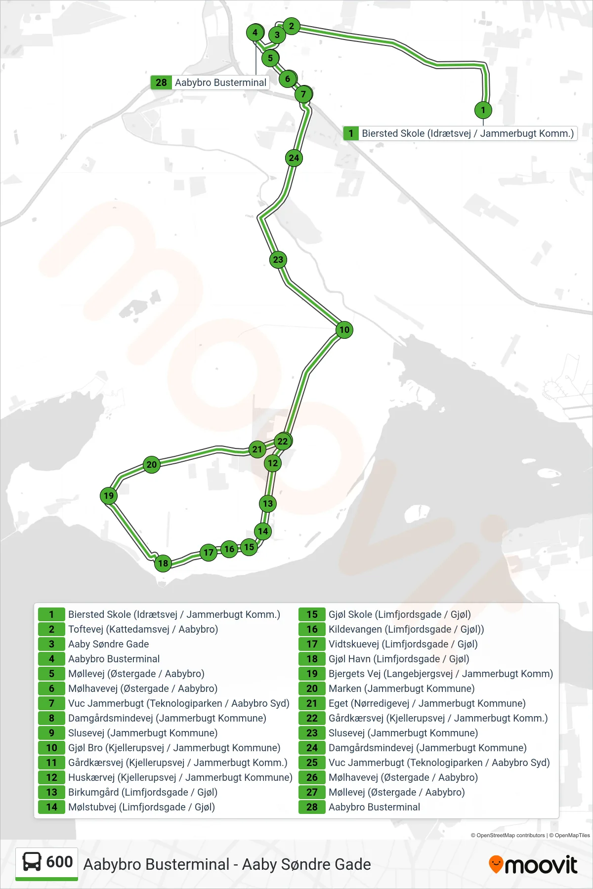 600 bus Linje (Biersted Skole) rute og stop på et kort