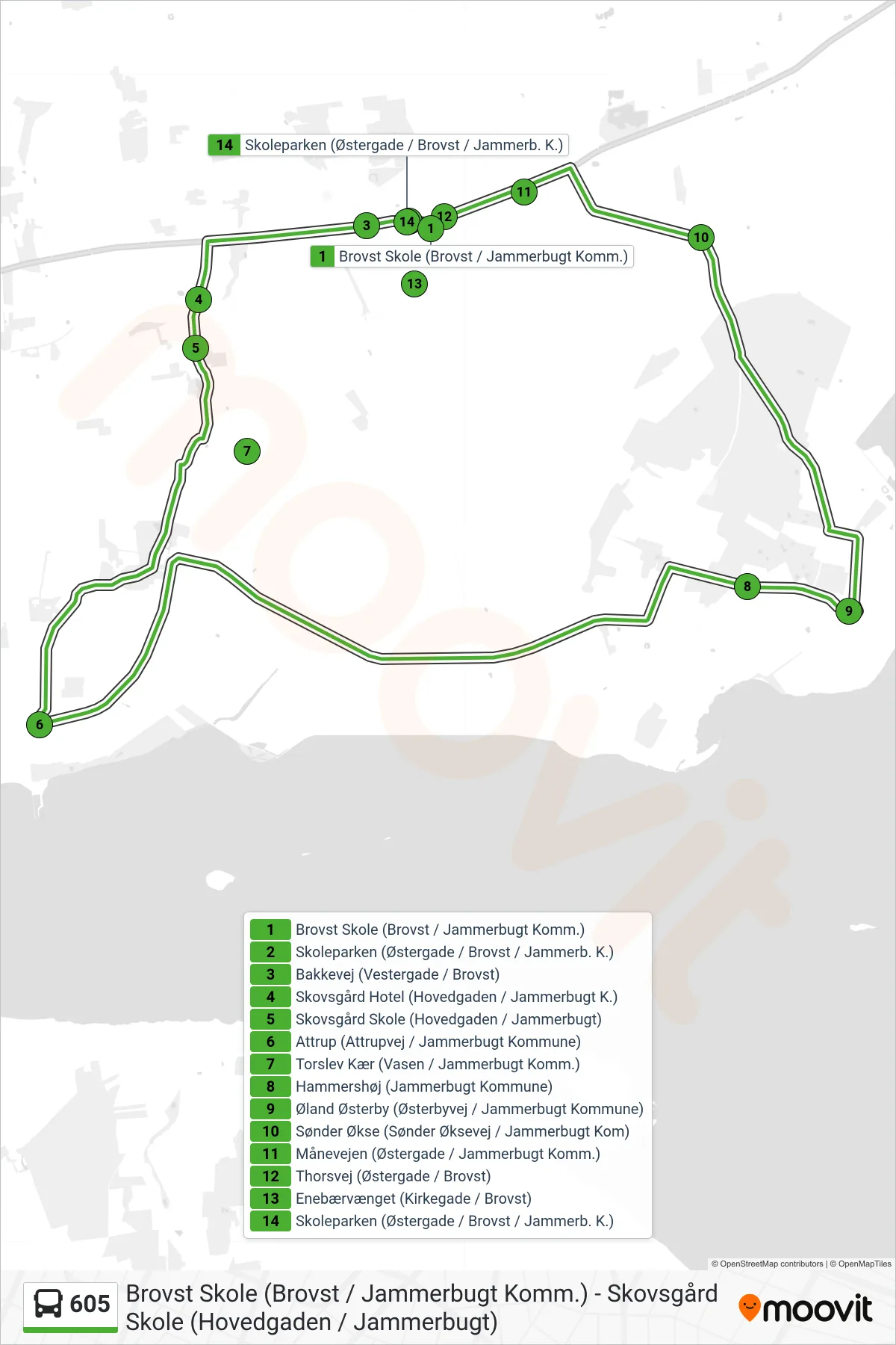 605 bus Linje (Brovst Skole (Brovst / Jammerbugt Komm.)) rute og stop på et kort