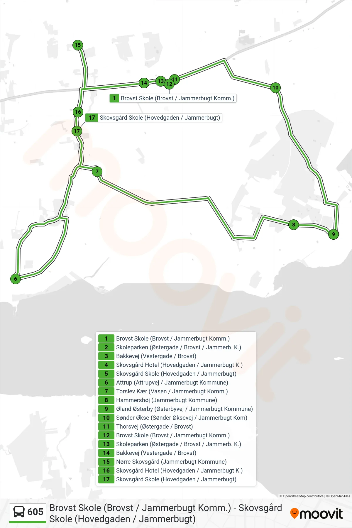 605 bus Linje (Skovsgård Skole (Hovedgaden / Jammerbugt)) rute og stop på et kort