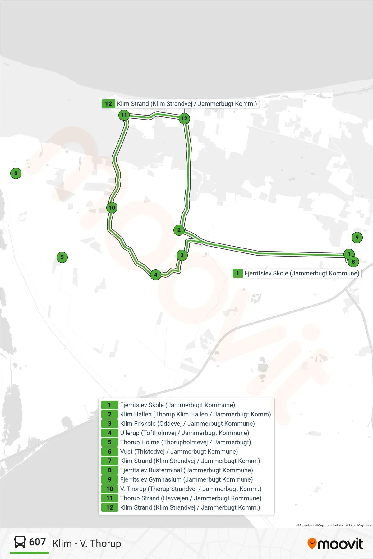607 bus Line (Klim - V. Thorup) route and stops on a map