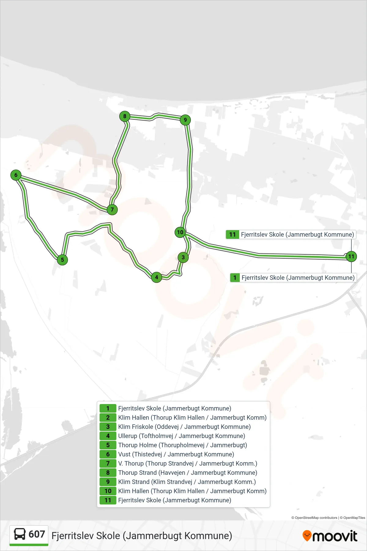 607 bus Linje (Fjerritslev Skole (Jammerbugt Kommune)) rute og stop på et kort