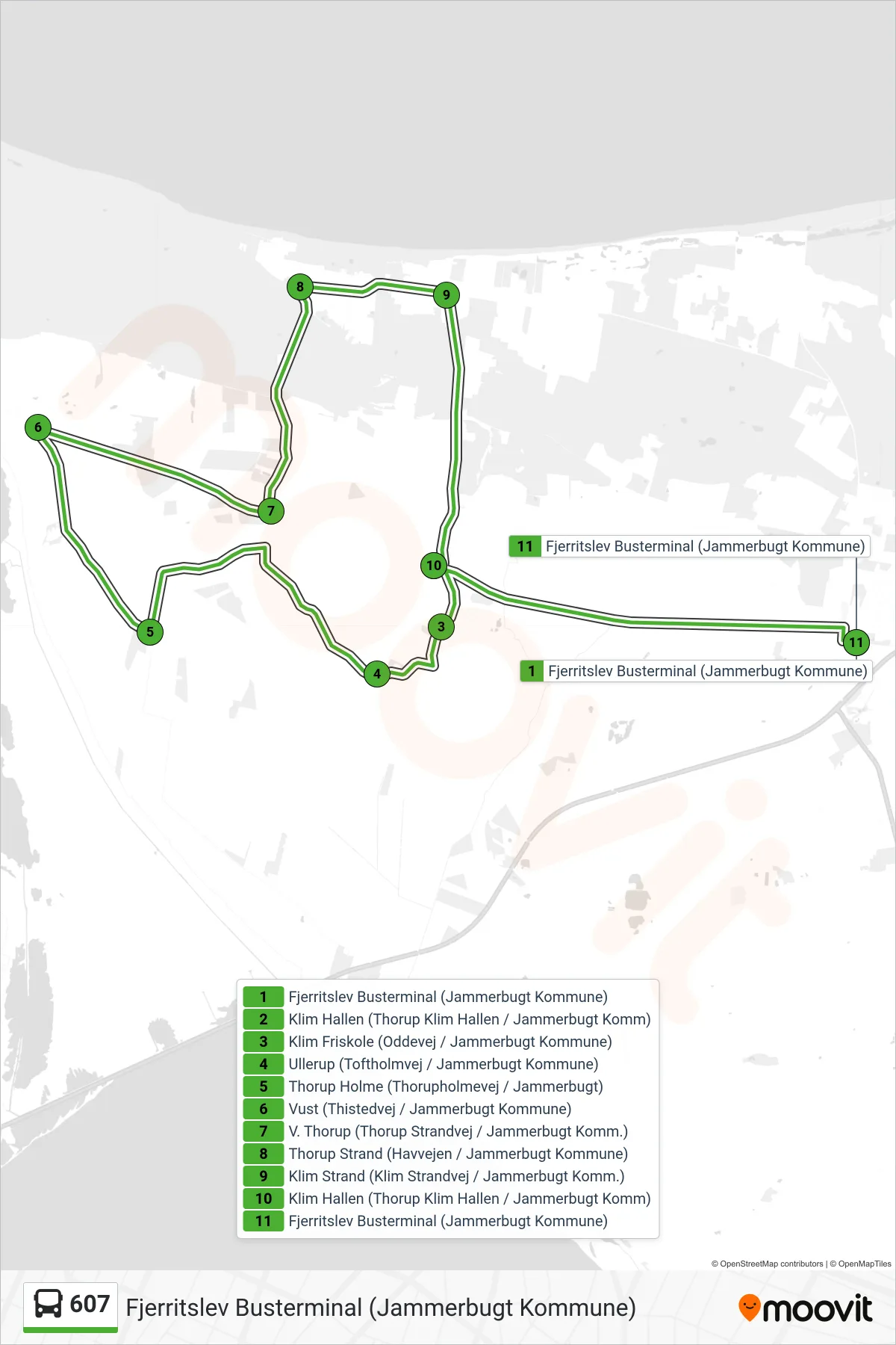 607 bus Linje (Fjerritslev Busterminal (Jammerbugt Kommune)) rute og stop på et kort