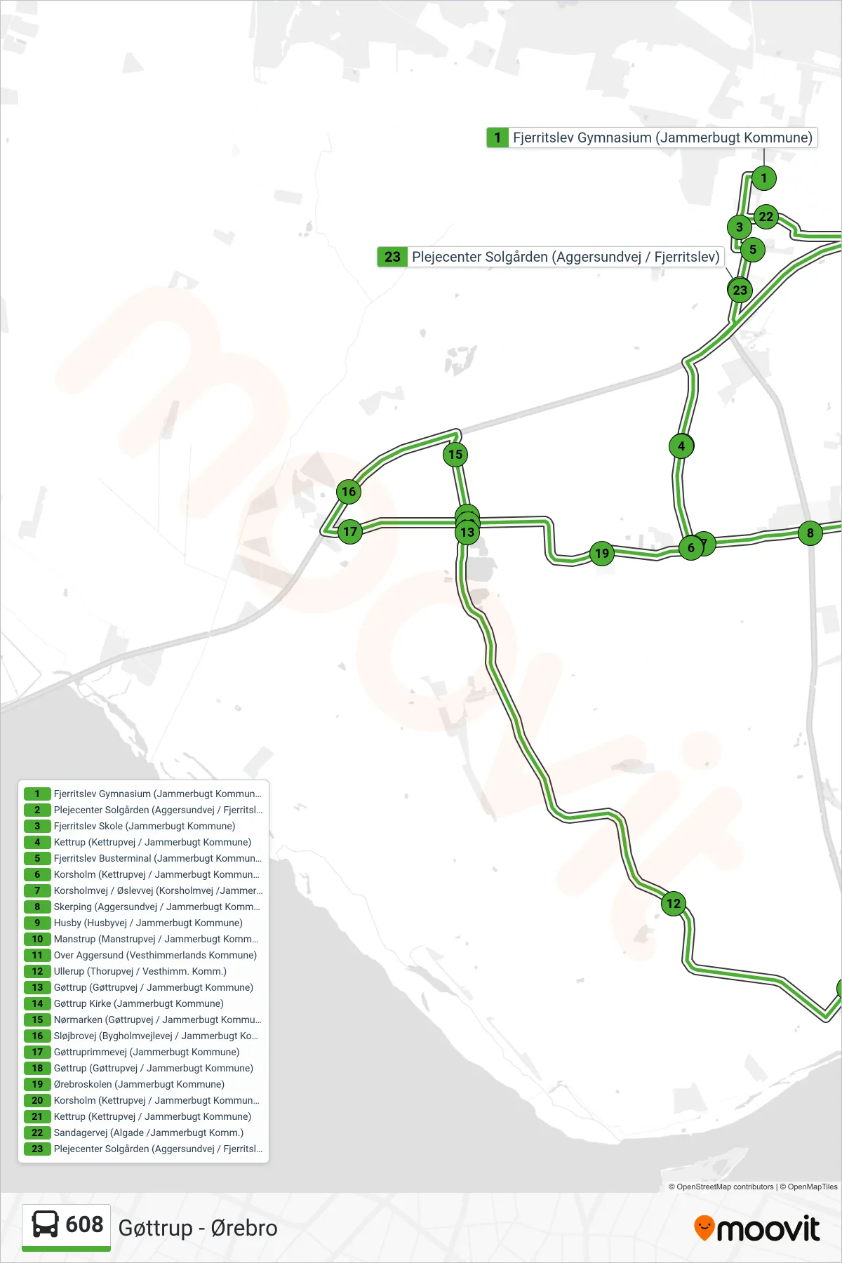 608 bus Linje (Gøttrup - Ørebro) rute og stop på et kort