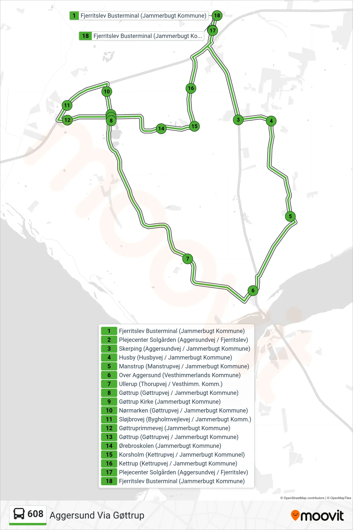 608 bus Linje (Aggersund Via Gøttrup) rute og stop på et kort