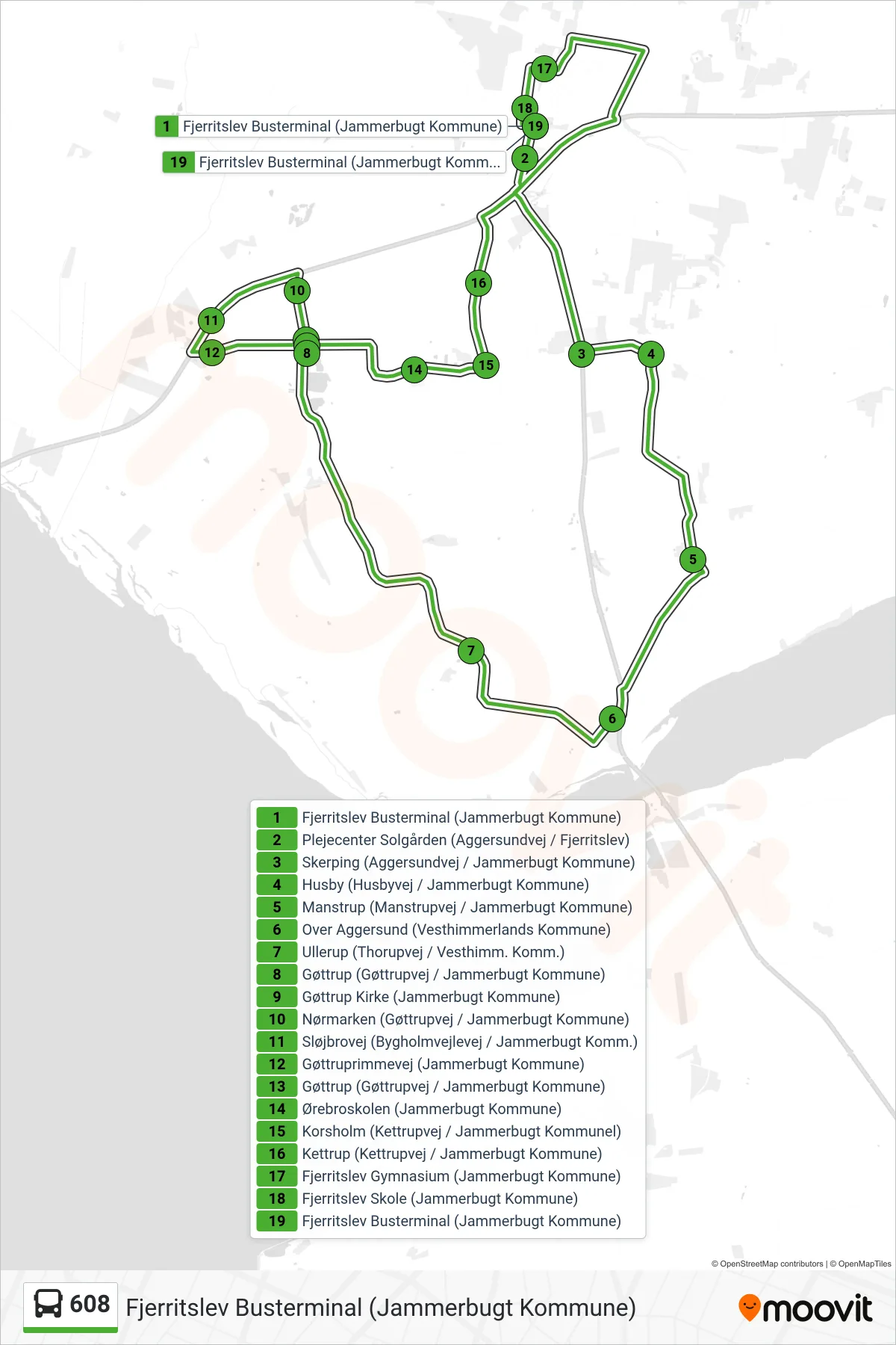 608 bus Linje (Fjerritslev Busterminal (Jammerbugt Kommune)) rute og stop på et kort