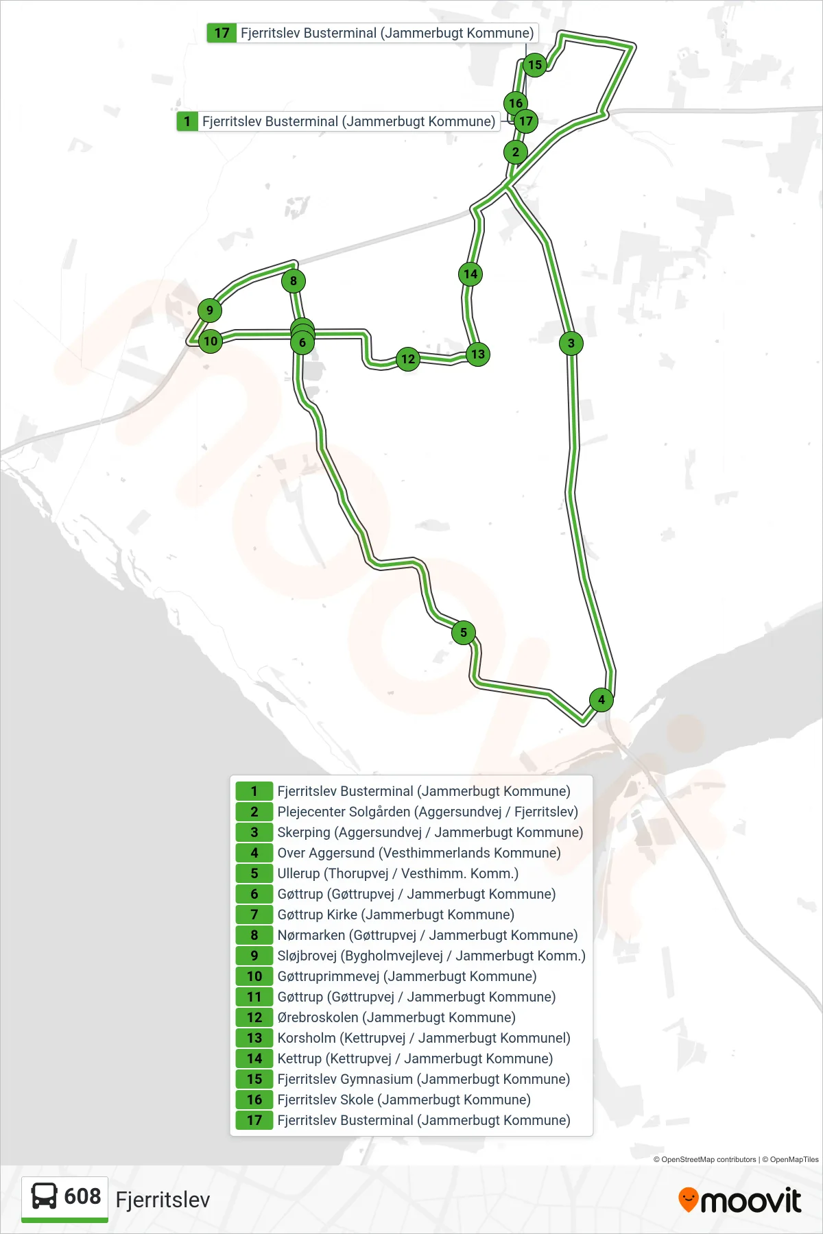 608 bus Linje (Fjerritslev) rute og stop på et kort