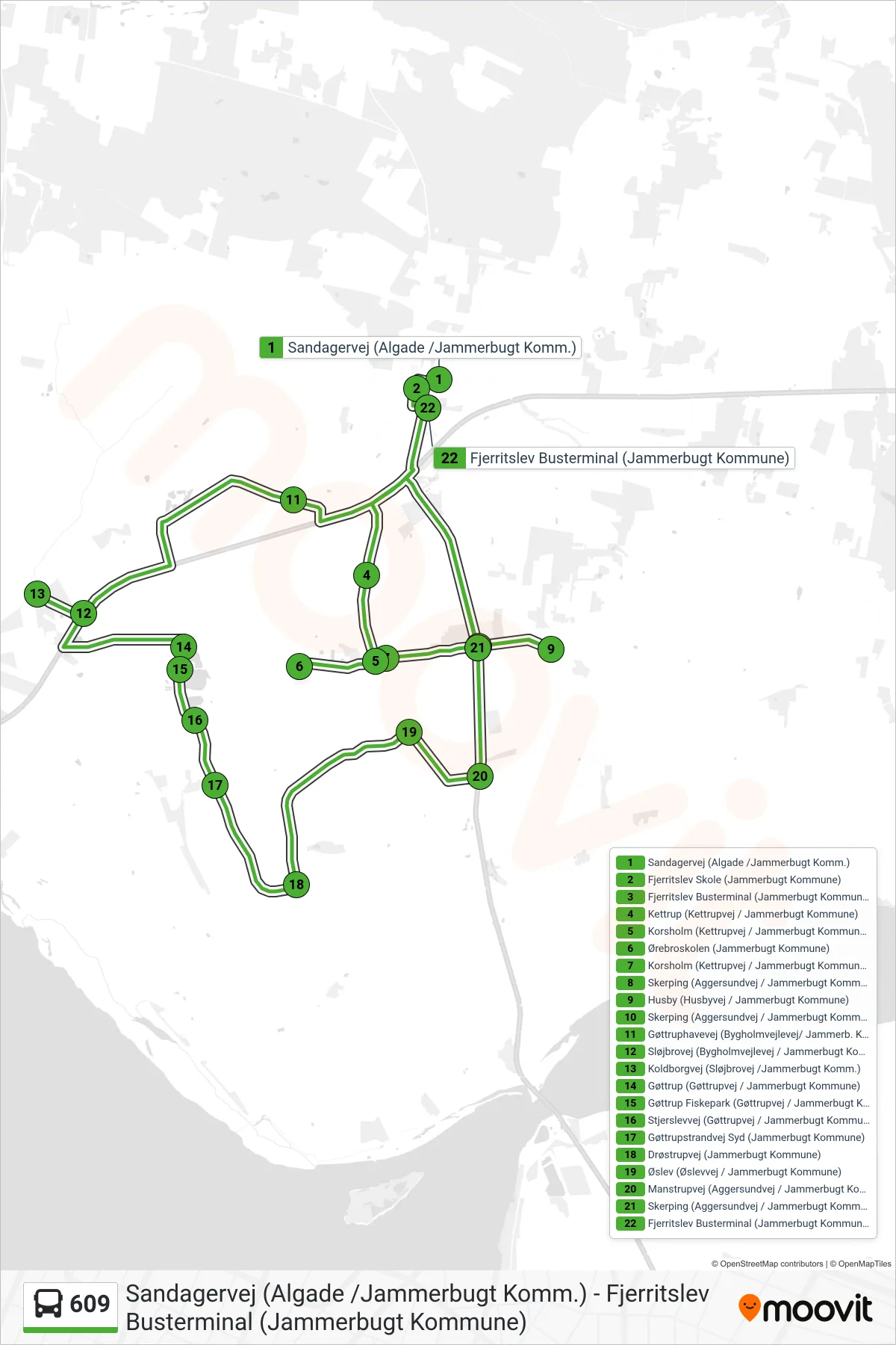 609 bus Linje (Fjerritslev Busterminal (Jammerbugt Kommune)) rute og stop på et kort