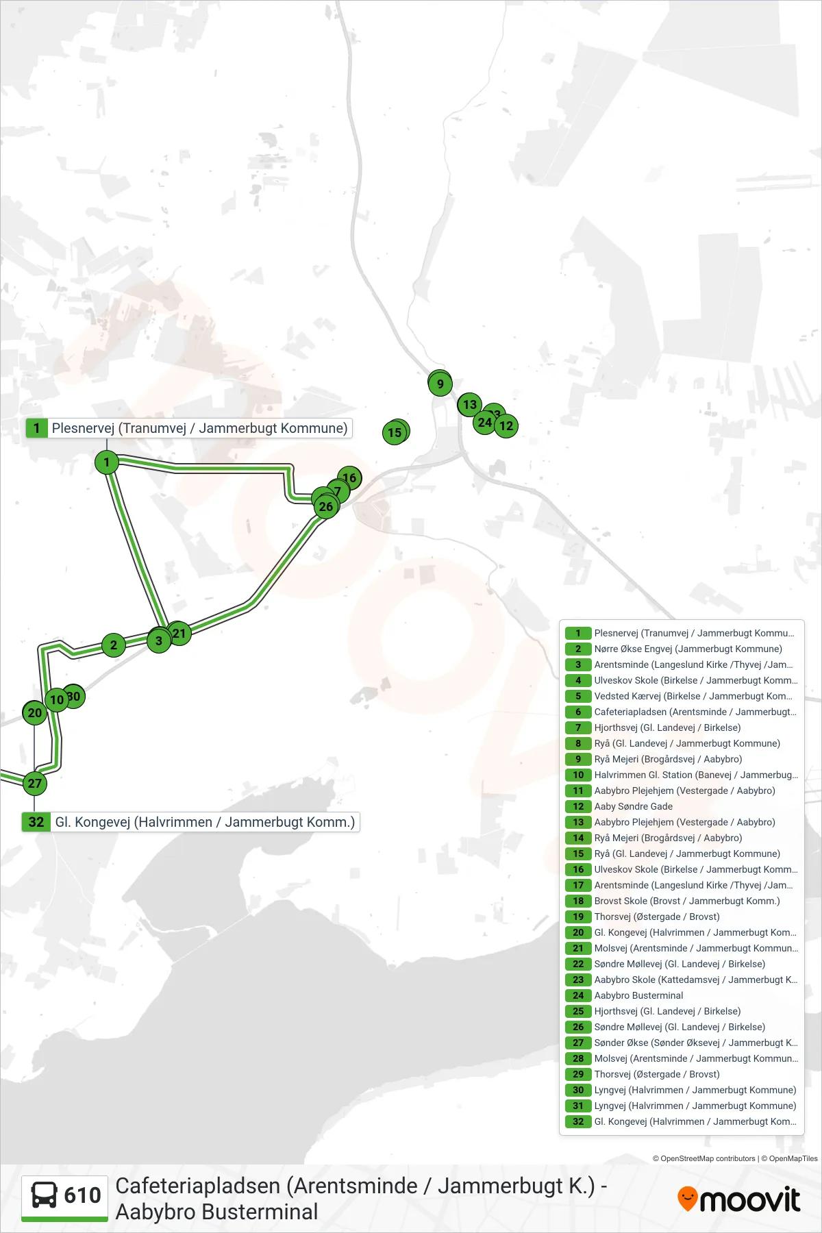 610 bus Linje (Arentsminde) rute og stop på et kort
