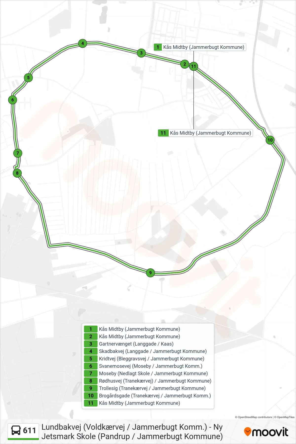 611 bus Linje (Kås Midtby (Jammerbugt Kommune)) rute og stop på et kort