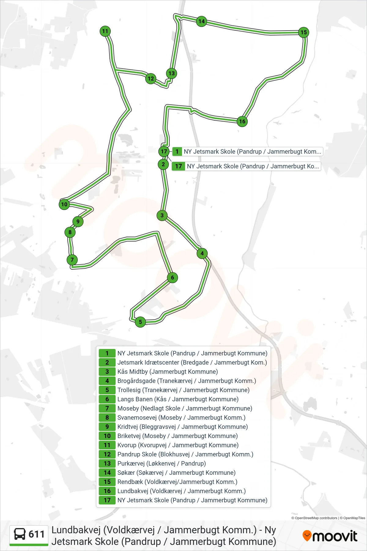 611 bus Linje (NY Jetsmark Skole (Pandrup / Jammerbugt Kommune)) rute og stop på et kort
