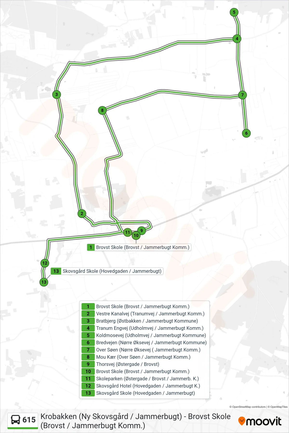 615 bus Linje (Skovsgård Skole (Hovedgaden / Jammerbugt)) rute og stop på et kort