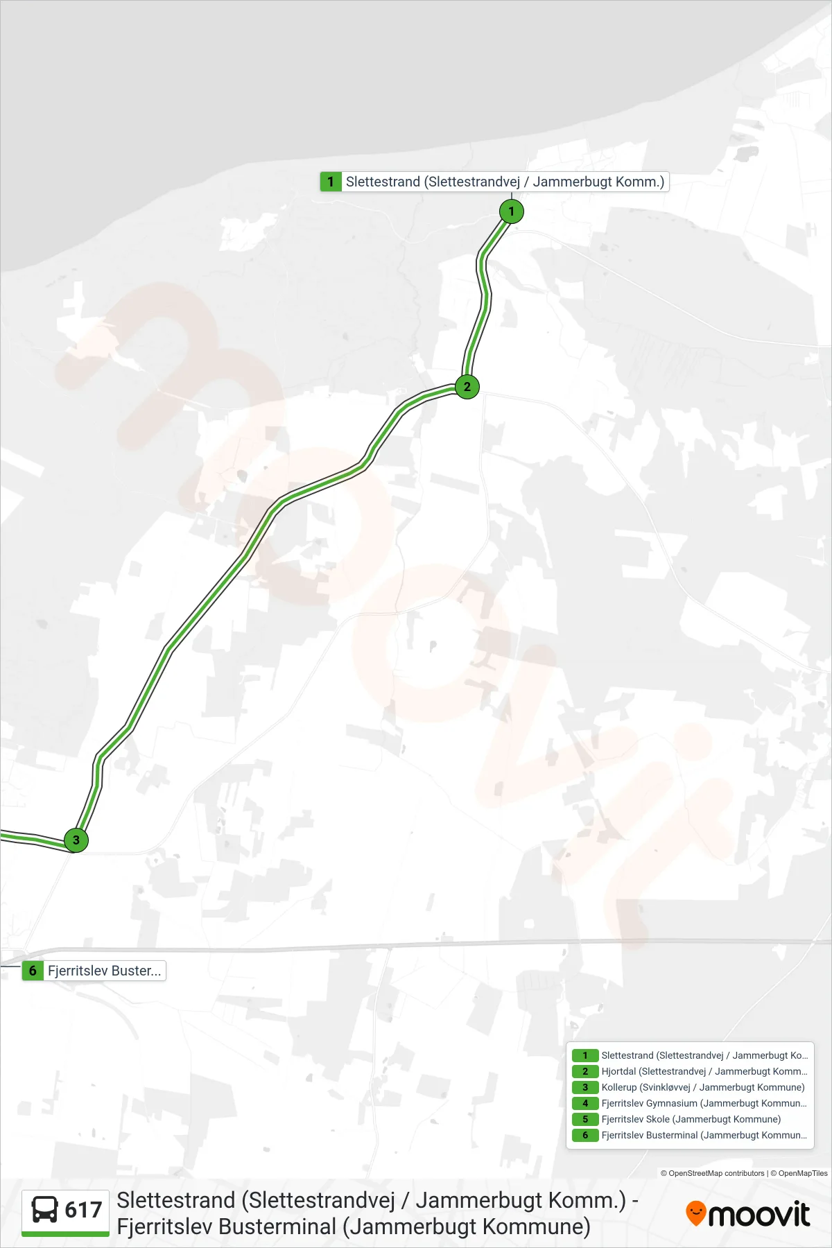 617 bus Linje (Fjerritslev Busterminal (Jammerbugt Kommune)) rute og stop på et kort