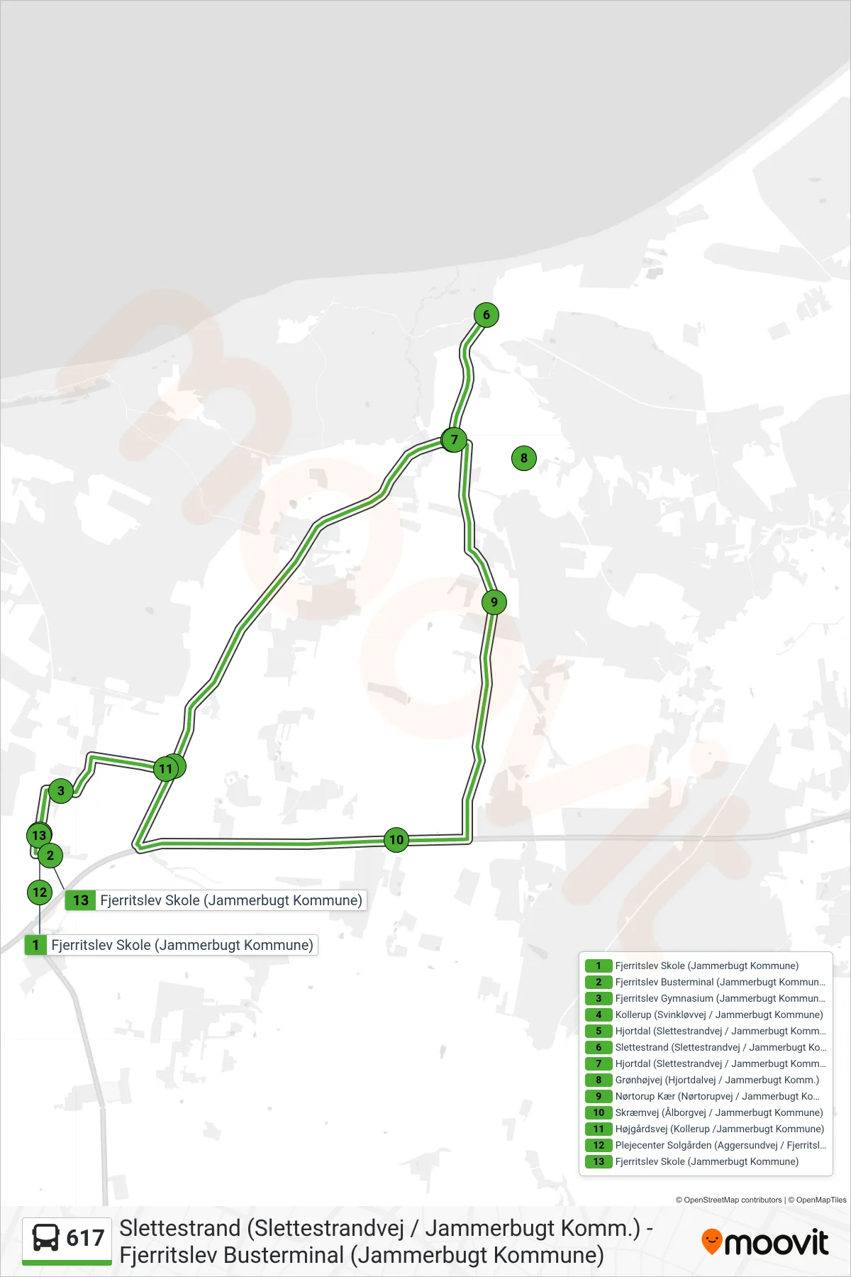 617 bus Linje (Hjortdal - Slettestrand - Aalborgvej - Fjerritslev) rute og stop på et kort