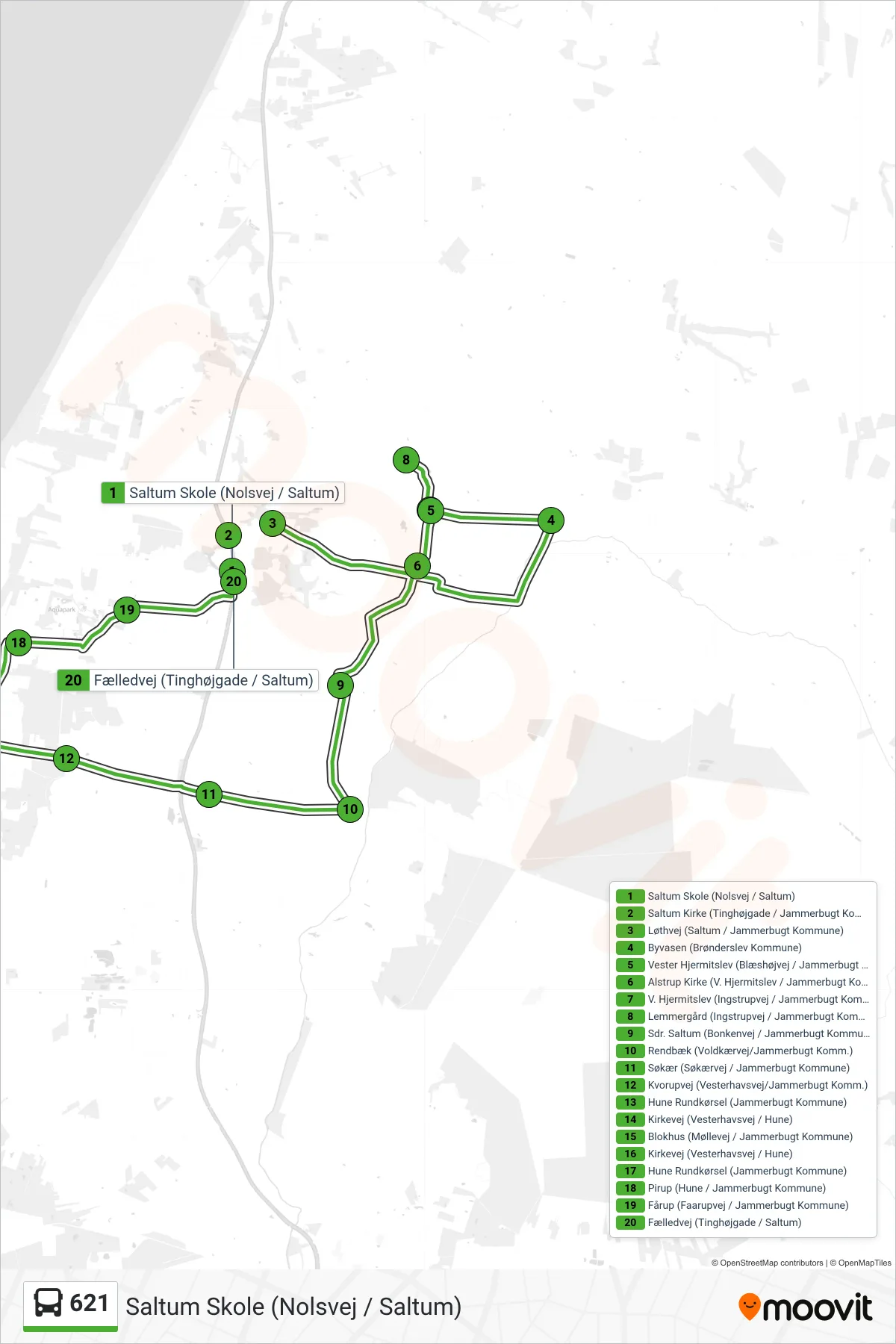 621 bus Linje (Saltum Skole (Nolsvej / Saltum)) rute og stop på et kort