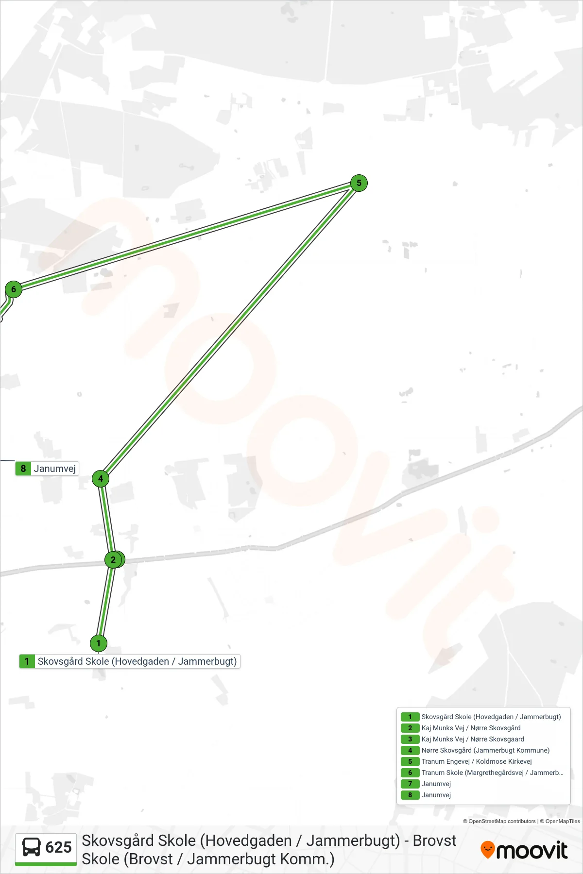 625 bus Linje (Janumvej) rute og stop på et kort