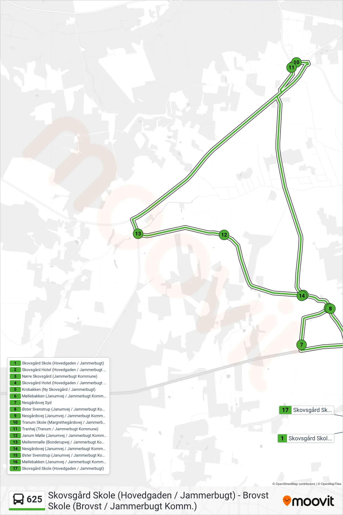 625 bus Linje (Skovsgård Skole (Hovedgaden / Jammerbugt)) rute og stop på et kort