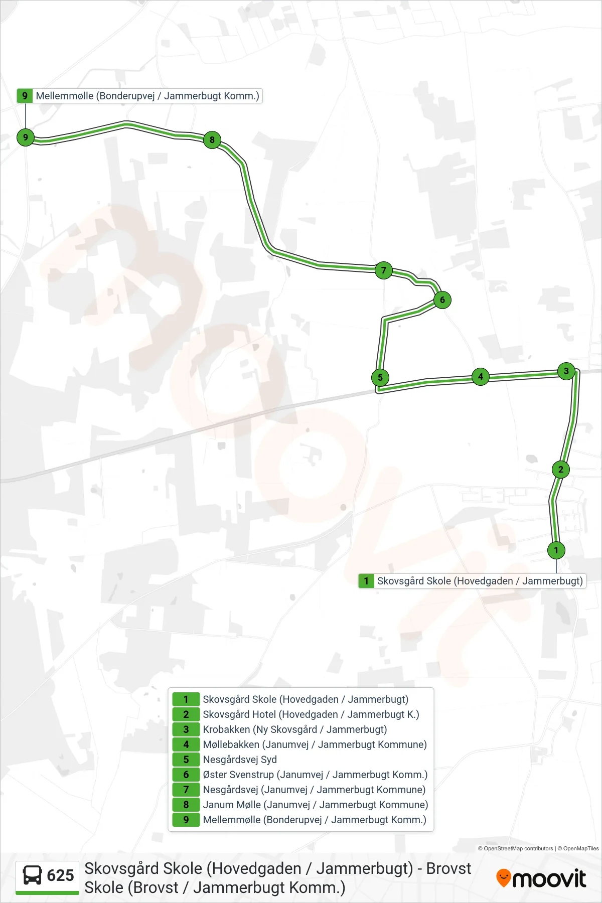 625 bus Linje (Mellemmølle (Bonderupvej / Jammerbugt Komm.)) rute og stop på et kort
