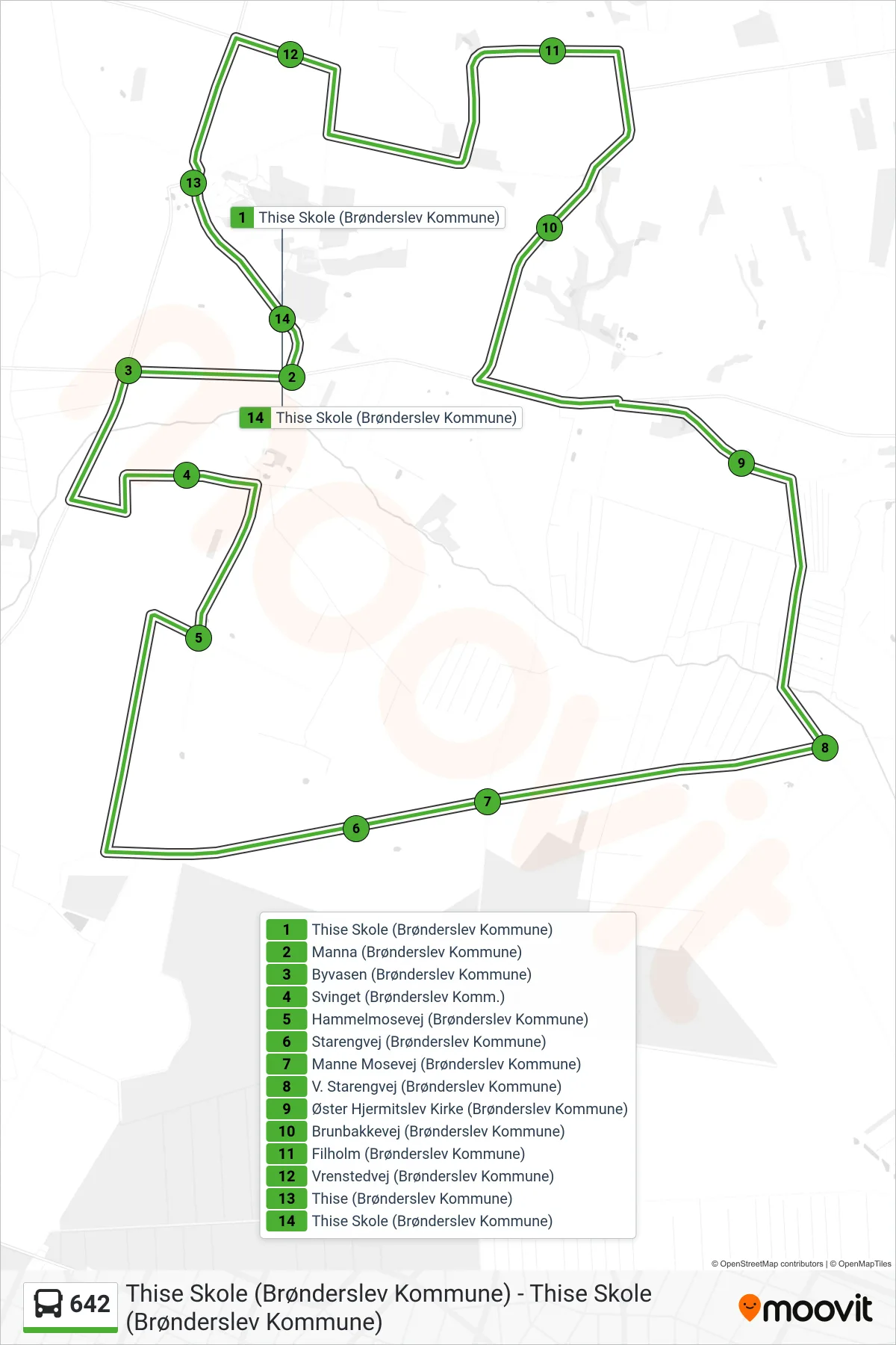 642 bus Linje (Thise Skole (Brønderslev Kommune)) rute og stop på et kort