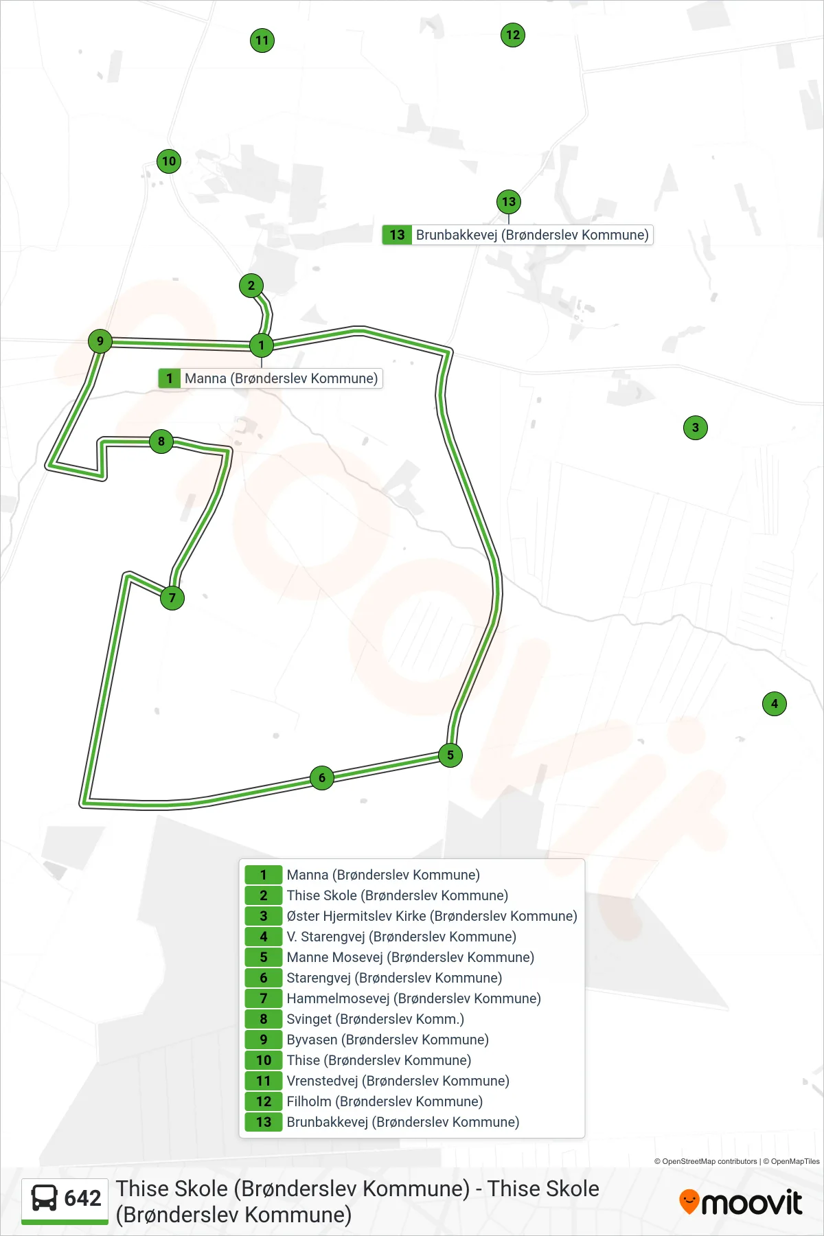 642 bus Linje (Thise Skole (Brønderslev Kommune)) rute og stop på et kort