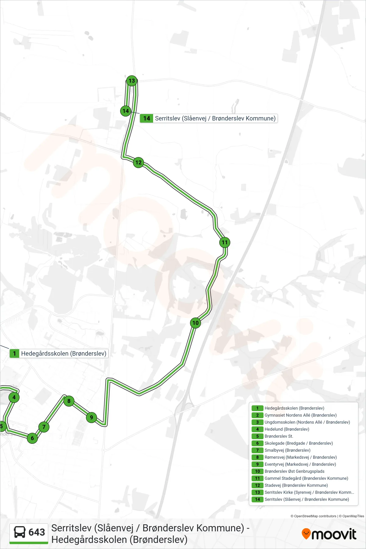 643 bus Linje (Serritslev (Slåenvej / Brønderslev Kommune)) rute og stop på et kort