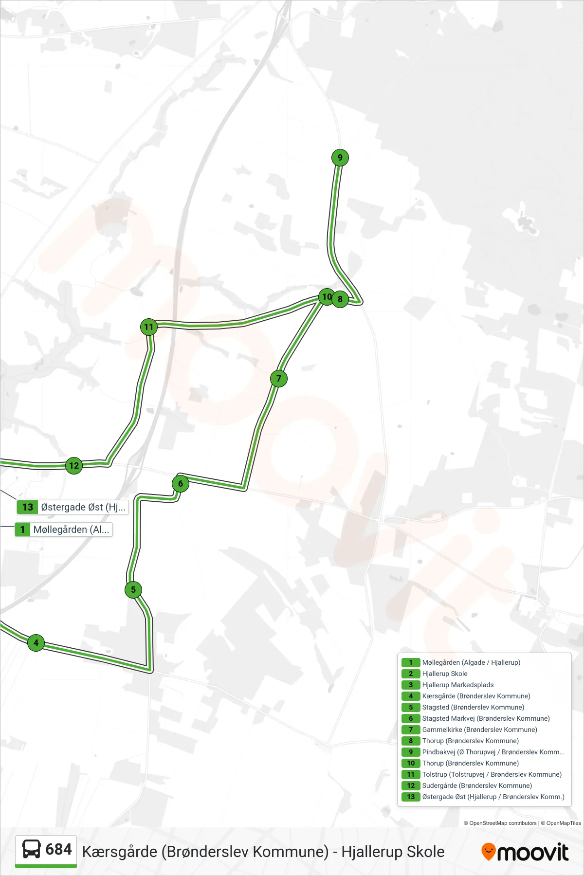 684 bus Linje (Hjallerup Skole) rute og stop på et kort