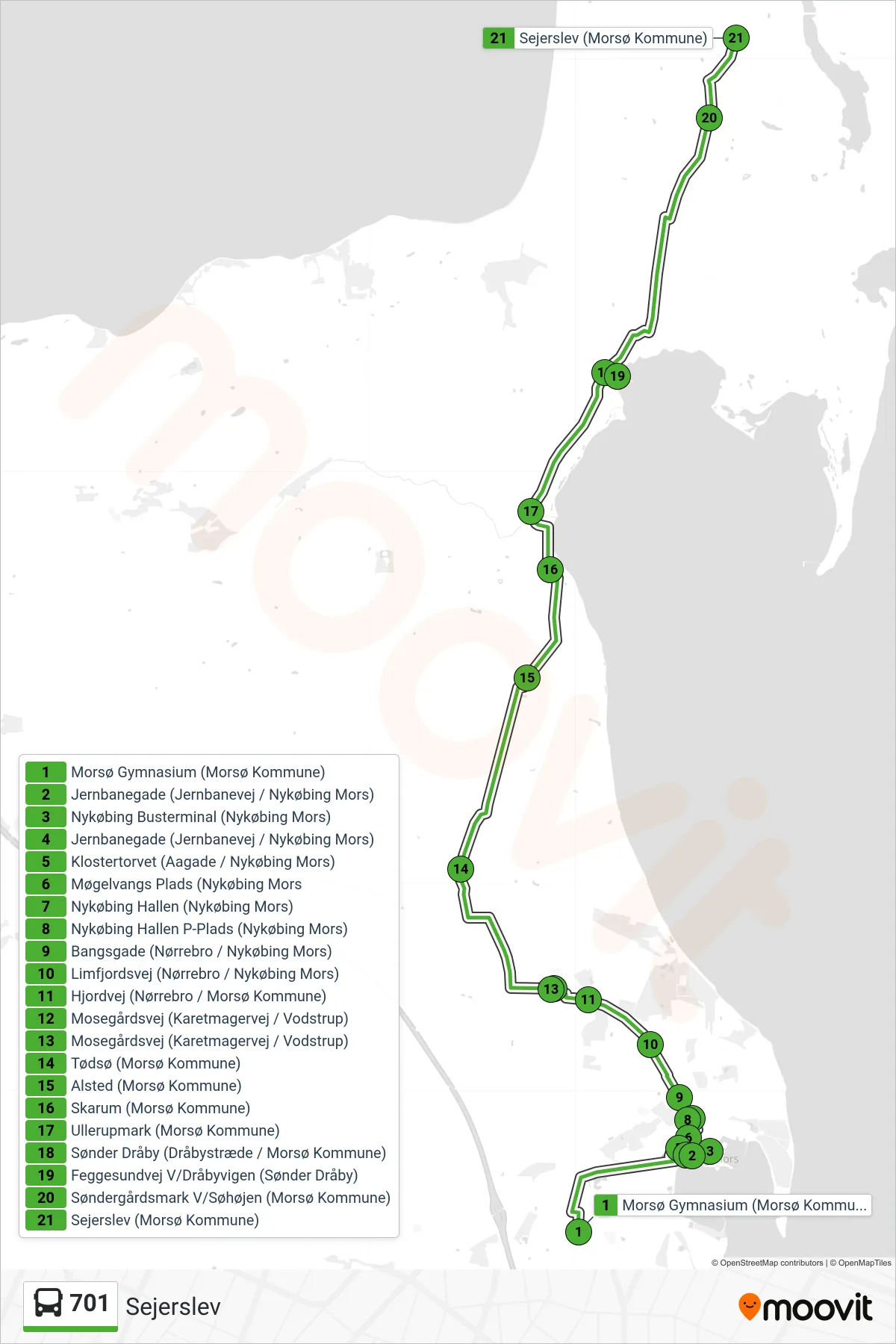 701 bus Linje (Sejerslev) rute og stop på et kort