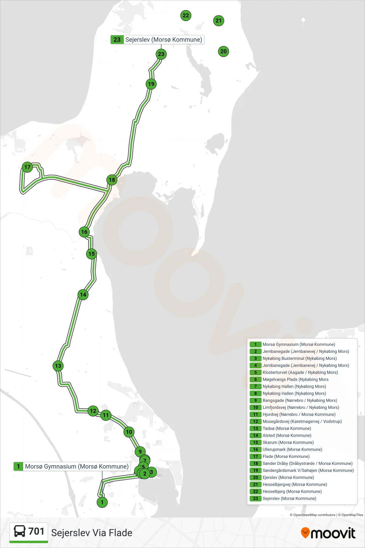 701 bus Linje (Sejerslev Via Flade) rute og stop på et kort