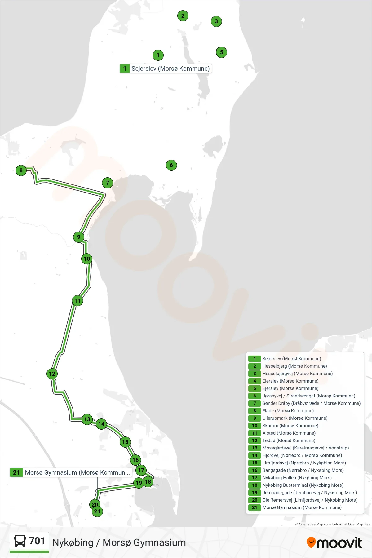 701 bus Linje (Nykøbing / Morsø Gymnasium) rute og stop på et kort