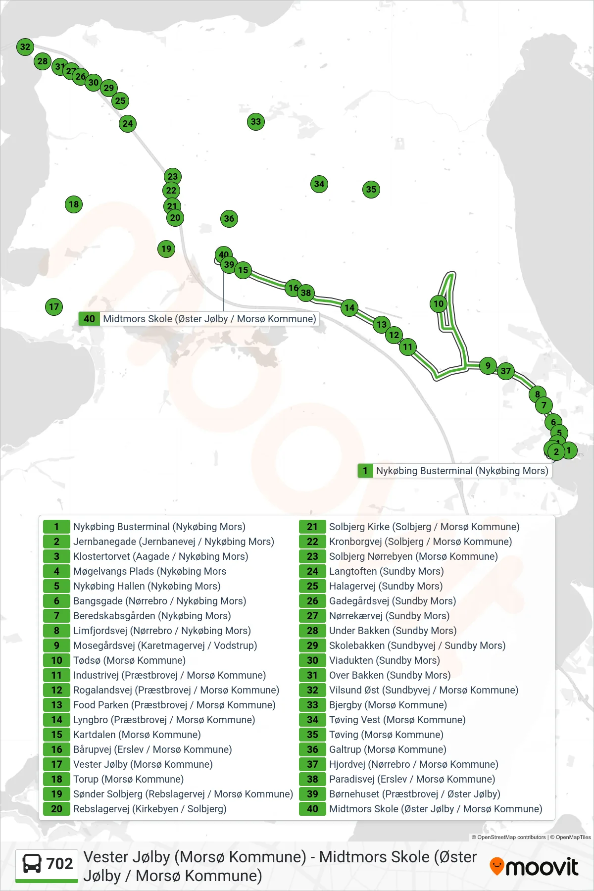 702 bus Line (Øster Jølby) route and stops on a map
