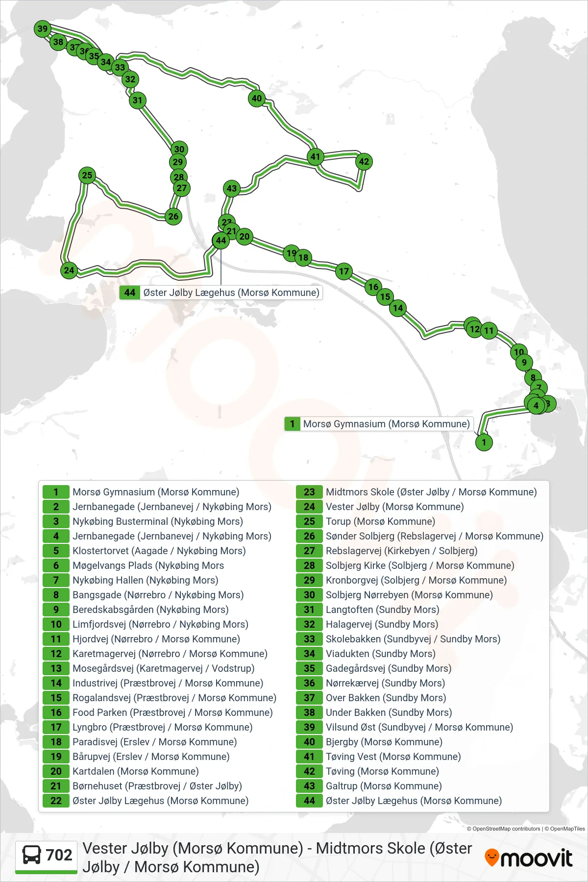 702 bus Linje (Sundby - Bjergby - Øster Jølby) rute og stop på et kort