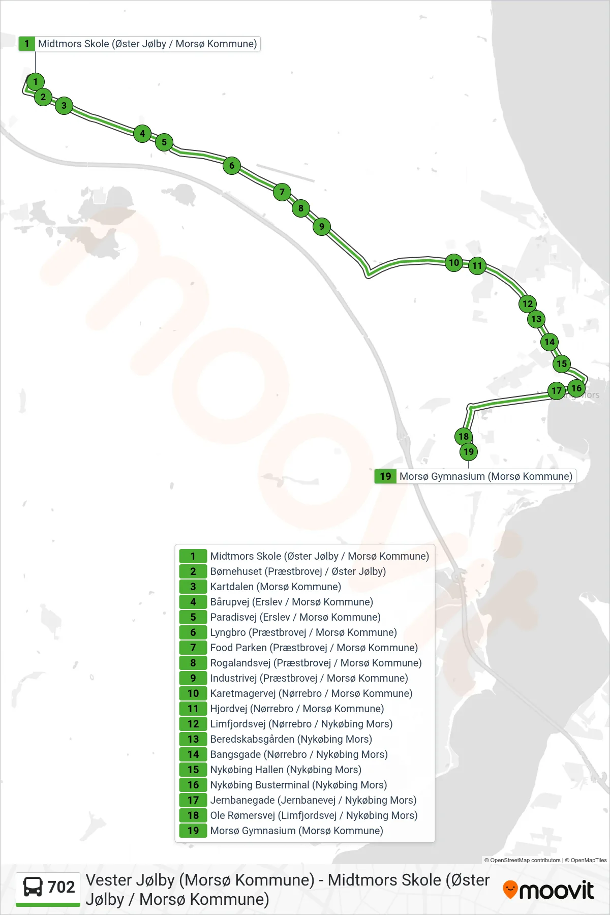 702 bus Linje (Nykøbing / Morsø Gymnasium) rute og stop på et kort