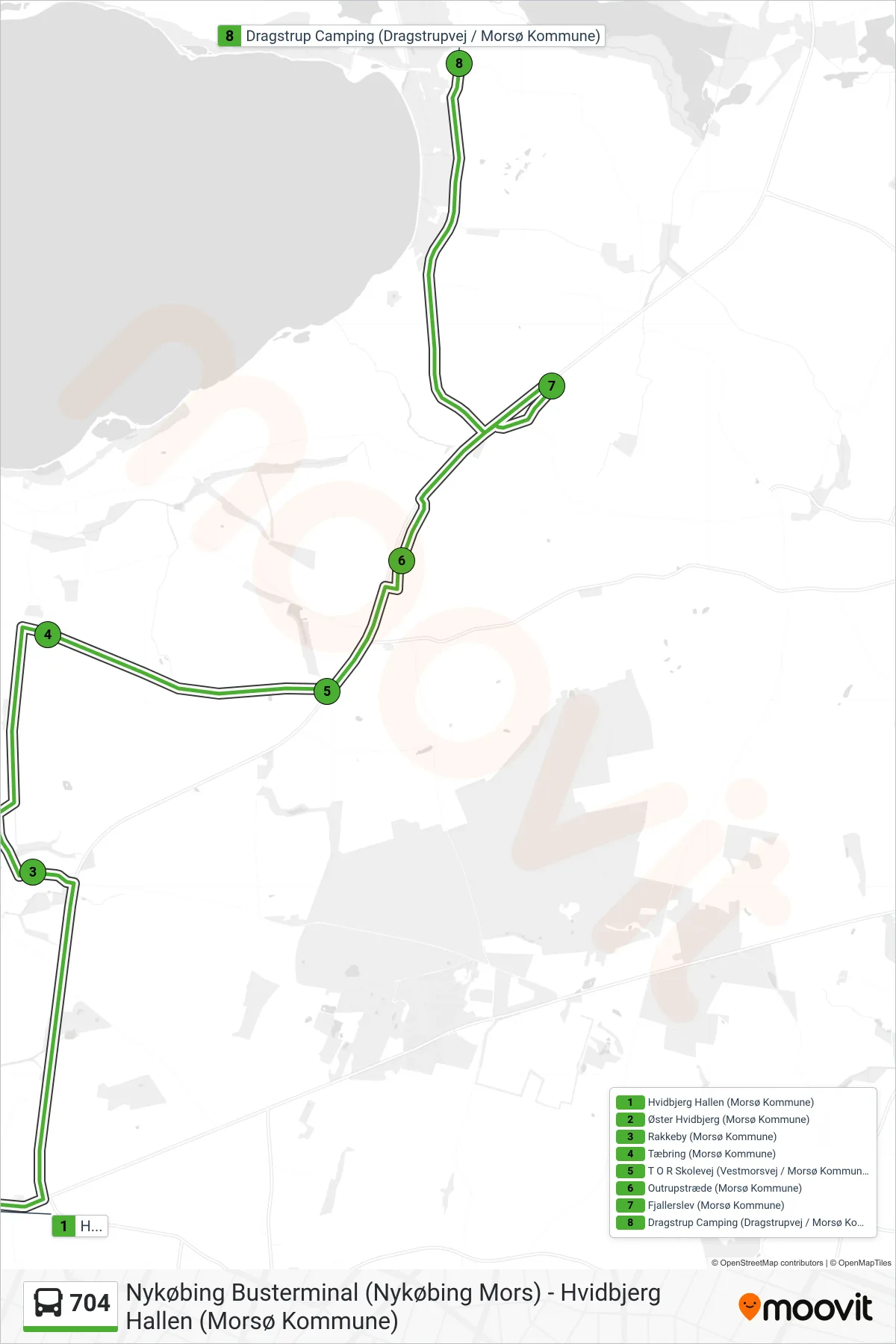 704 bus Linje (Dragstrup Camping (Dragstrupvej / Morsø Kommune)) rute og stop på et kort