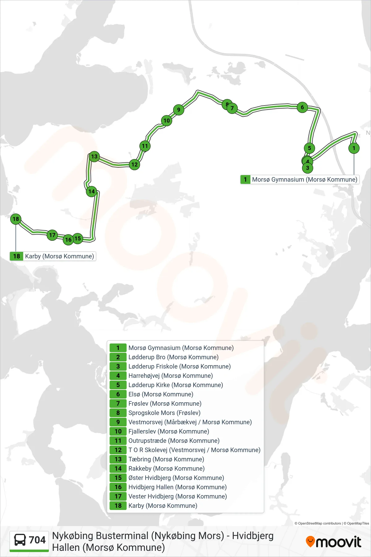 704 bus Linje (Karby) rute og stop på et kort