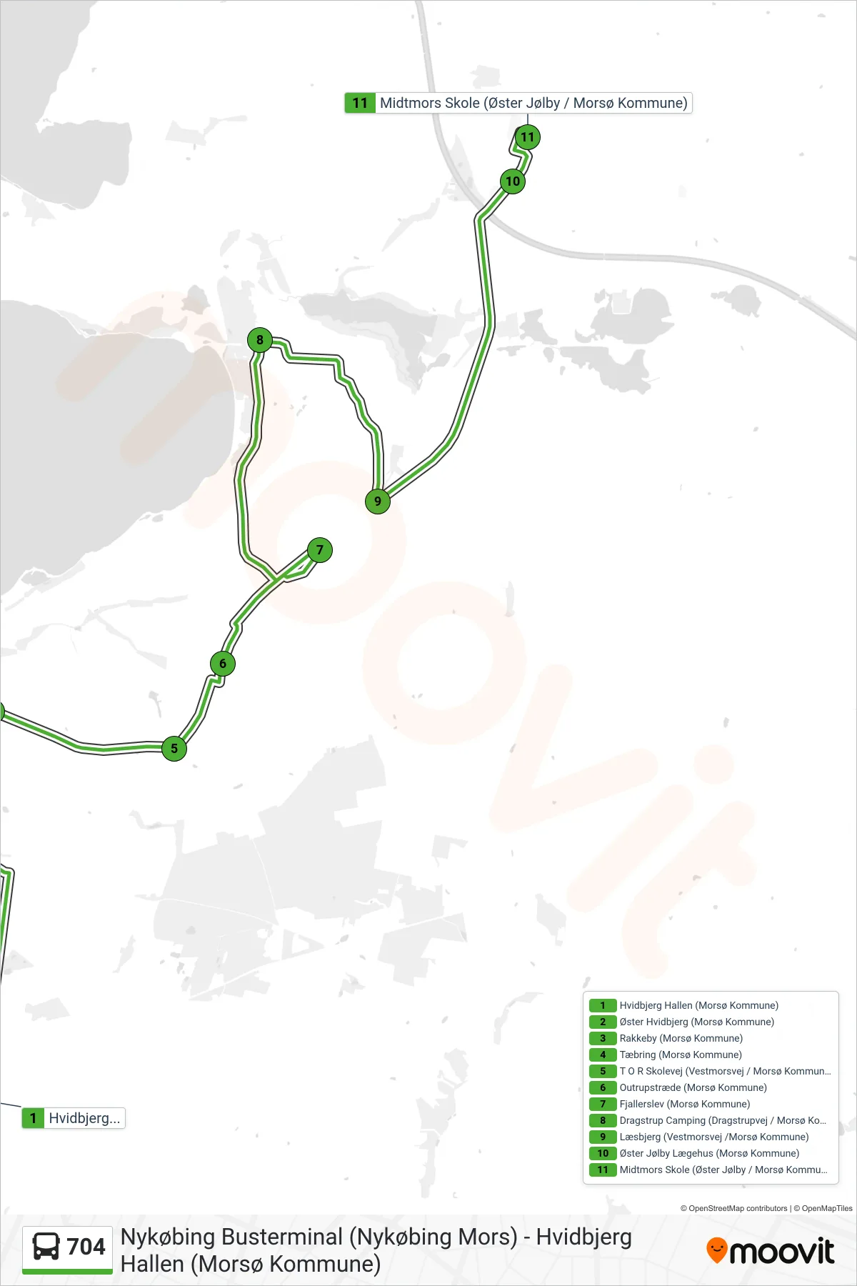 704 bus Linje (Øster Jølby) rute og stop på et kort