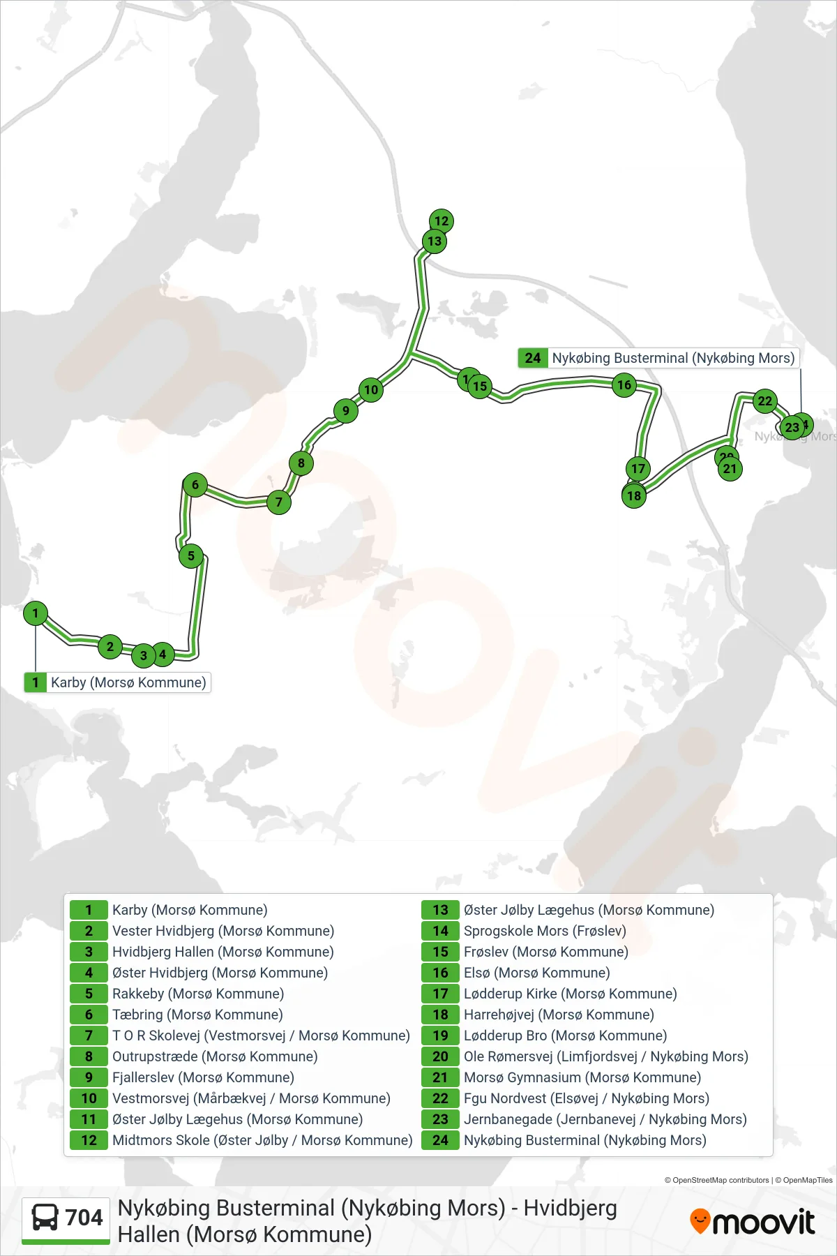 704 bus Linje (Nykøbing Busterminal) rute og stop på et kort